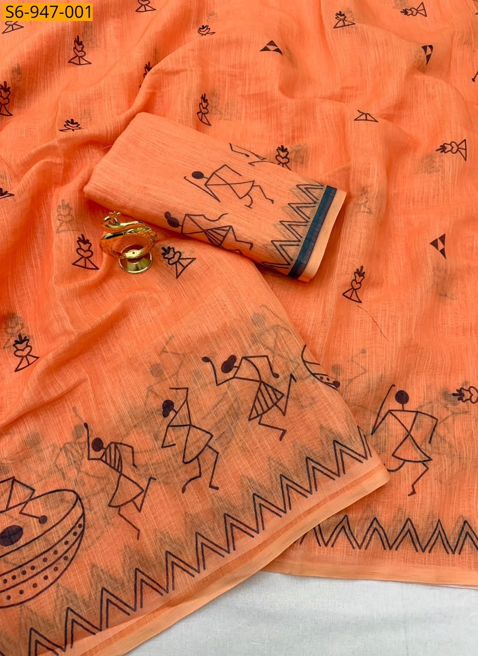 Orange Fancy Linen Cotton Saree