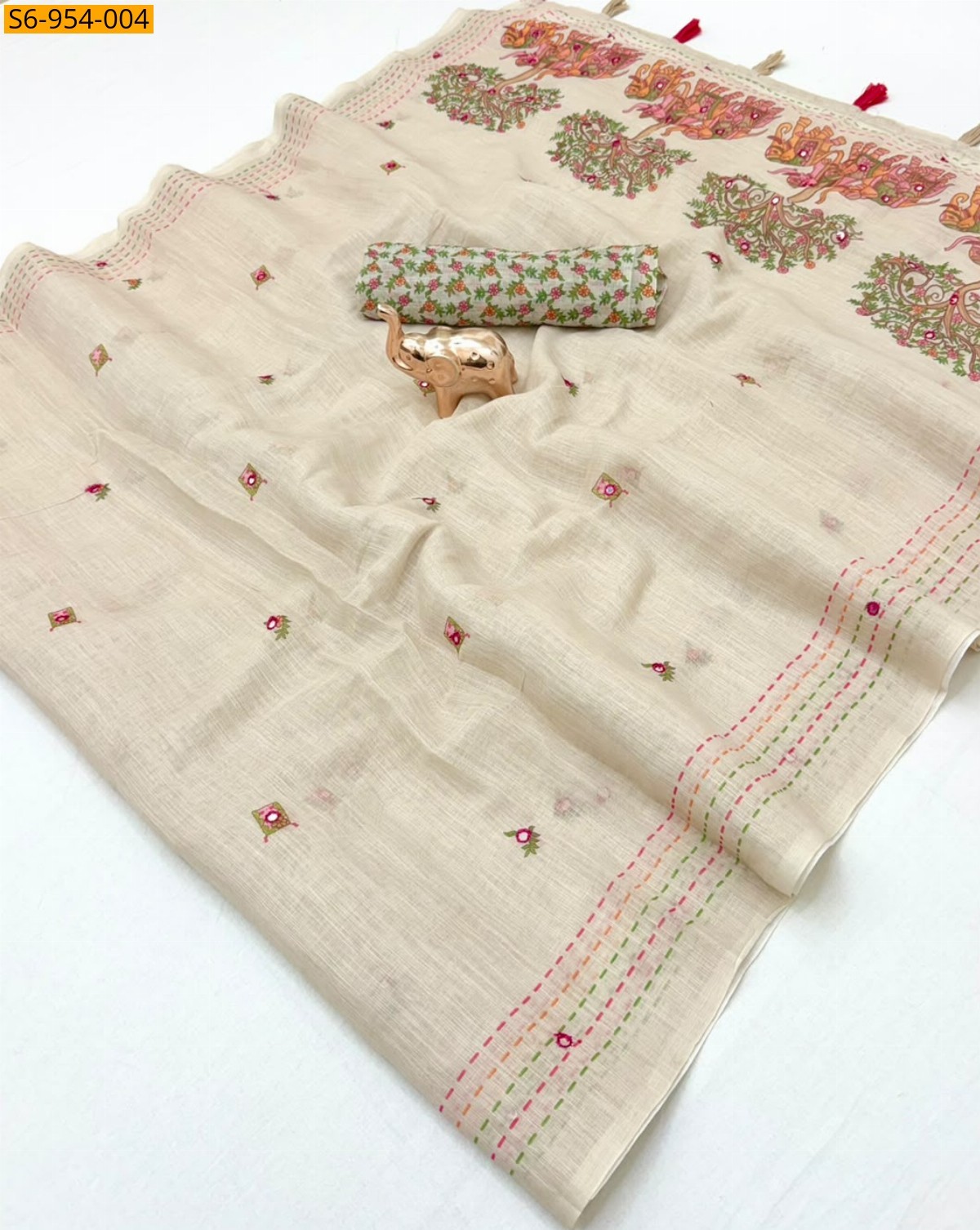 Pista Green Fancy Linen Printed Saree