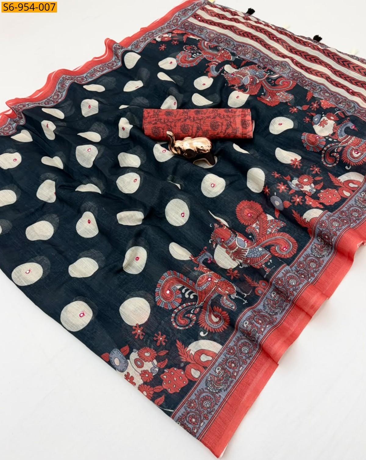 Half white Fancy Linen Printed Saree