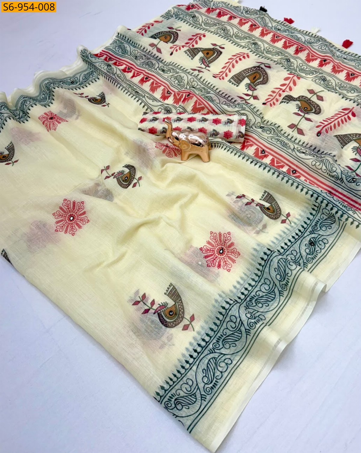 Half white Fancy Linen Printed Saree