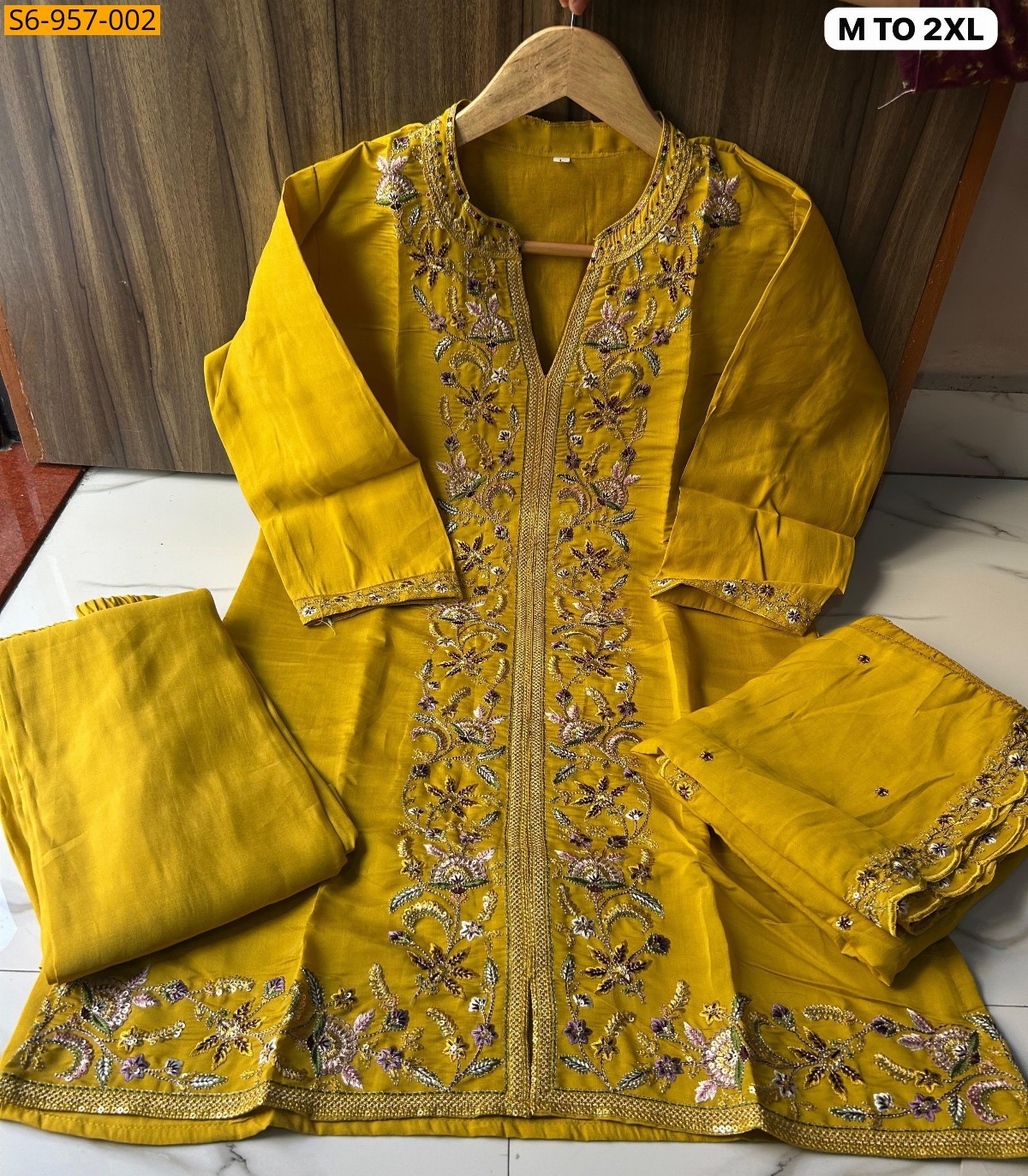 Yellow Fancy Roman Silk Kurti plazo dupatta set