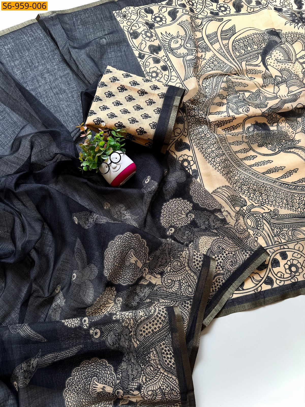 Black Fancy Soft Cotton Linen Saree