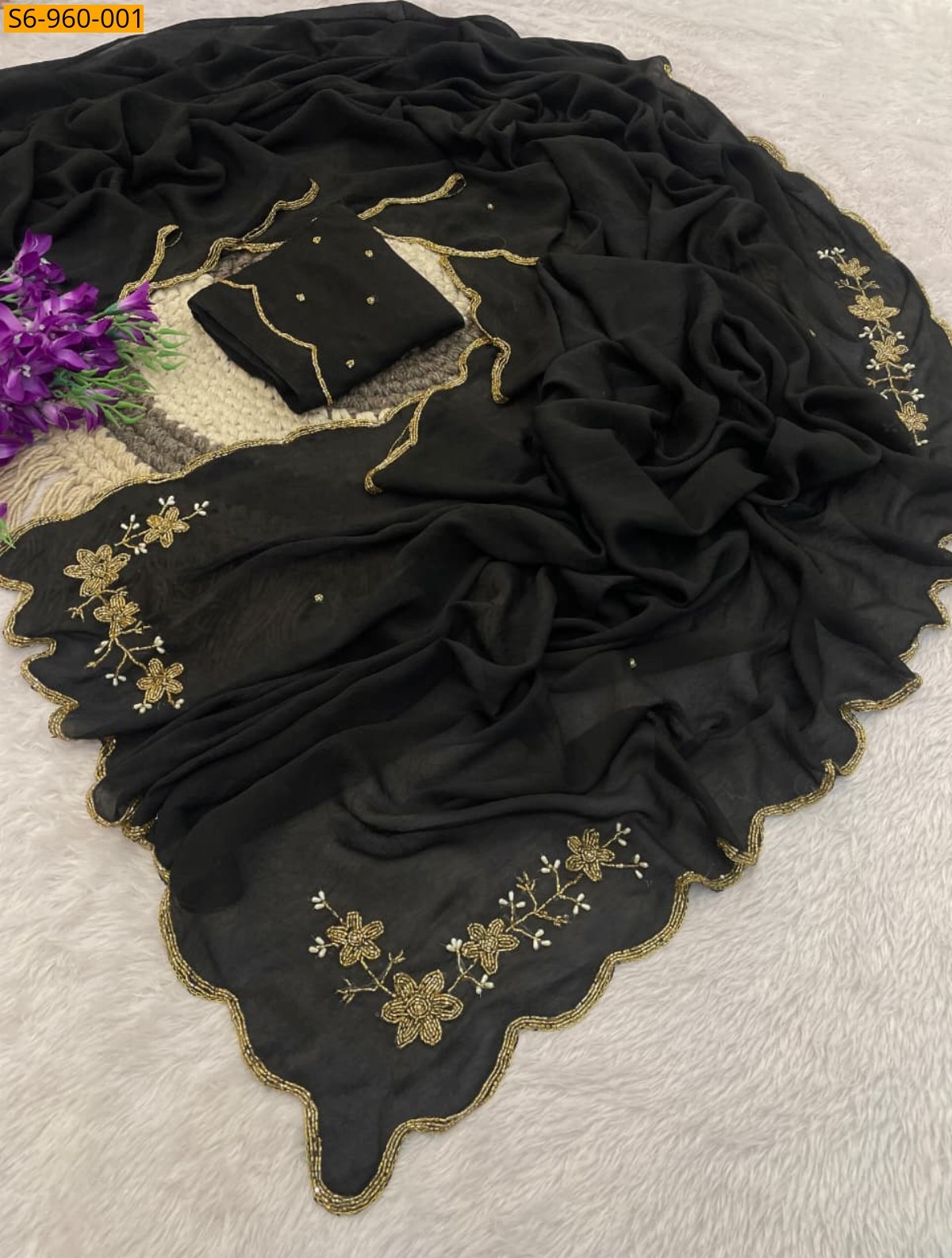 Black Fancy Rangoli Crush Saree
