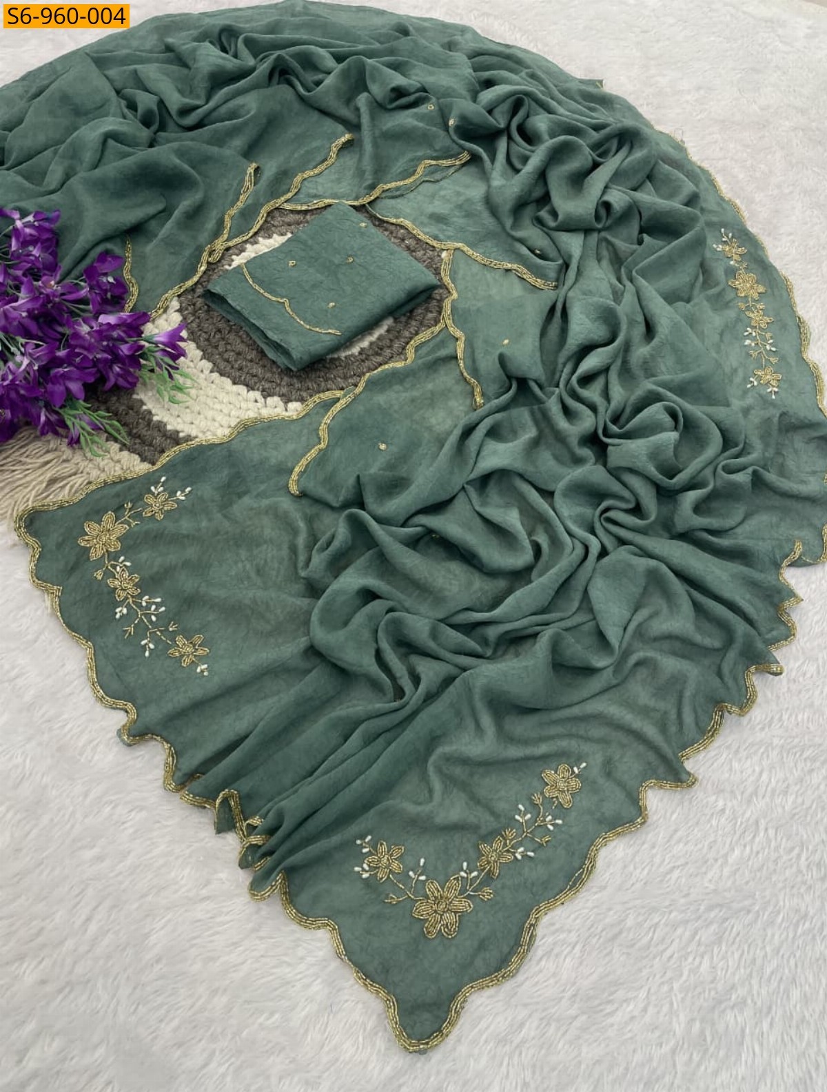 Green Fancy Rangoli Crush Saree