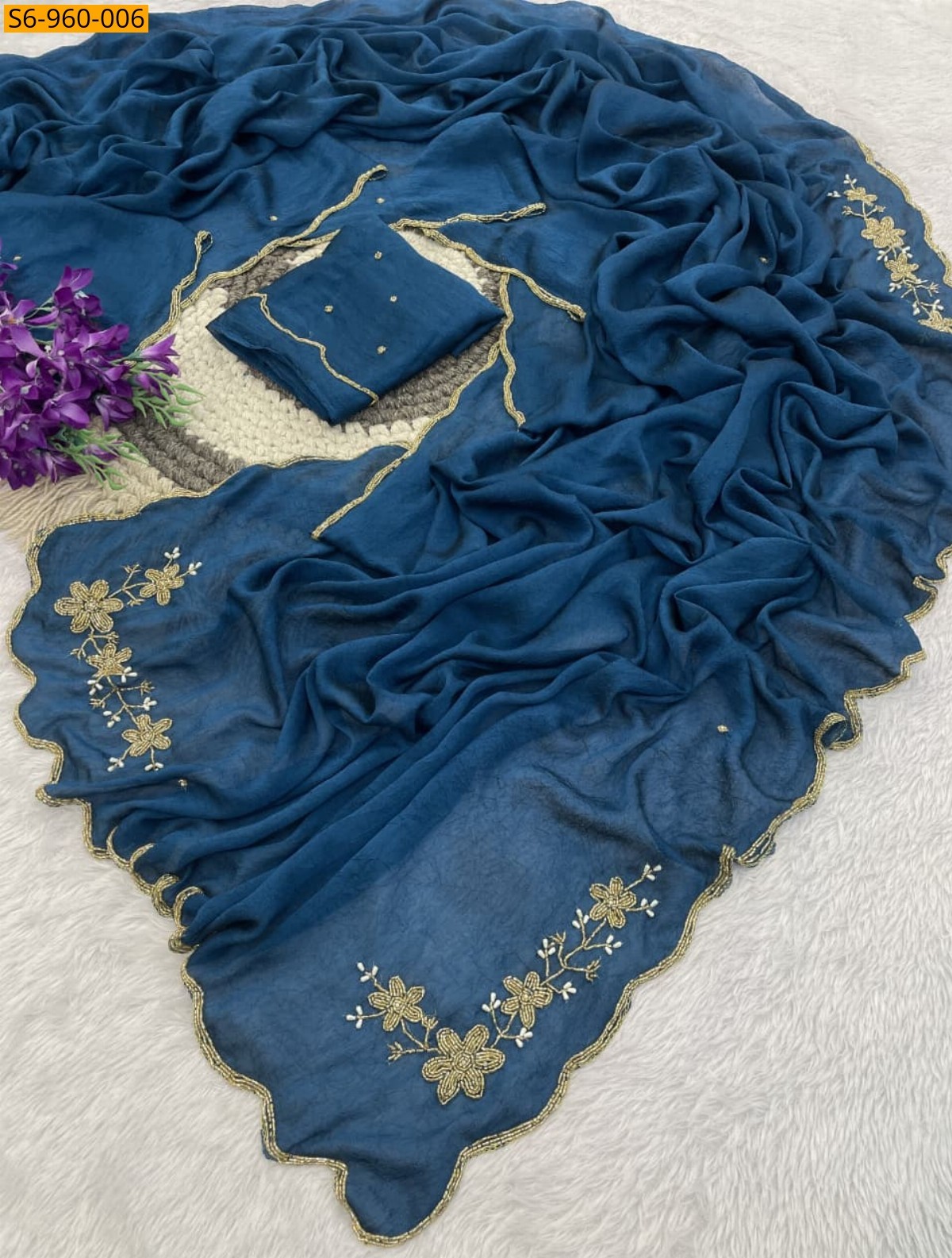 Blue Fancy Rangoli Crush Saree