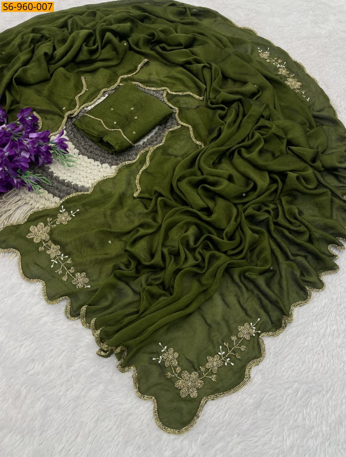 Green Fancy Rangoli Crush Saree