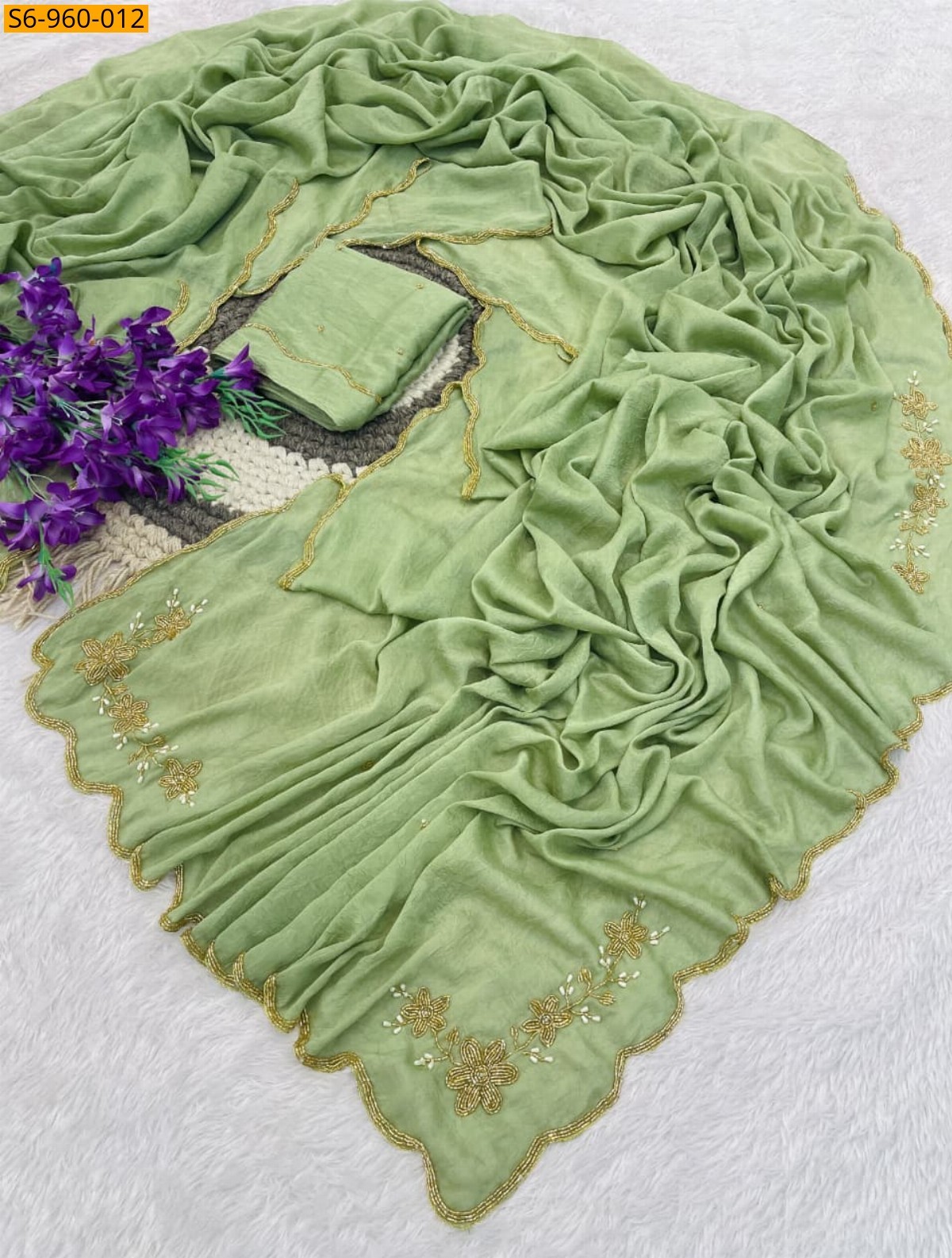 Pista Green Fancy Rangoli Crush Saree