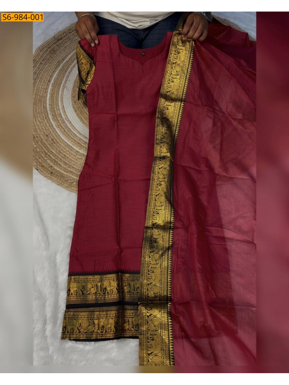 Red Fancy Kanchi Cotton Top And Dupatta Red Fancy Kanchi Cotton Top And Dupatta