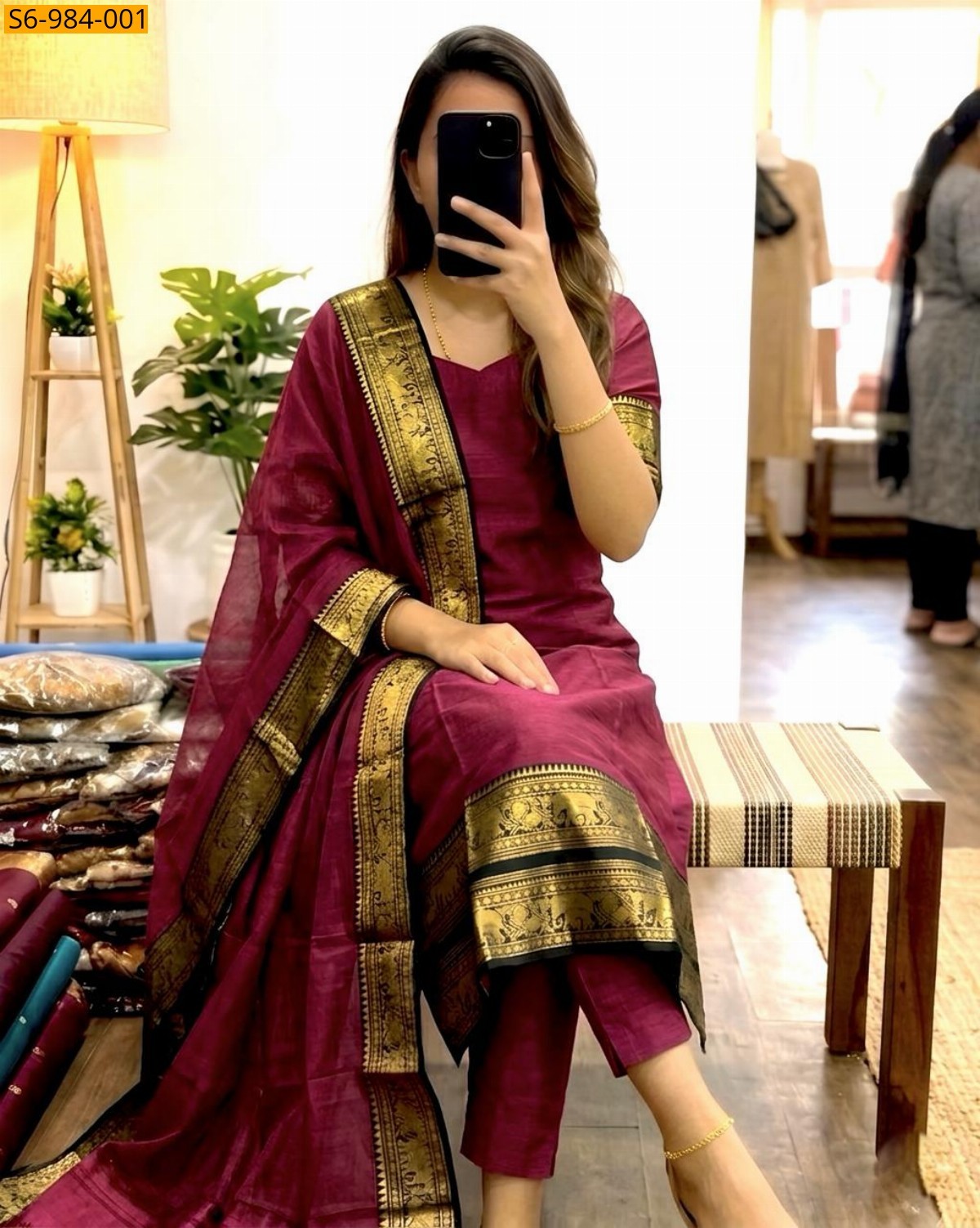 Red Fancy Kanchi Cotton Top And Dupatta