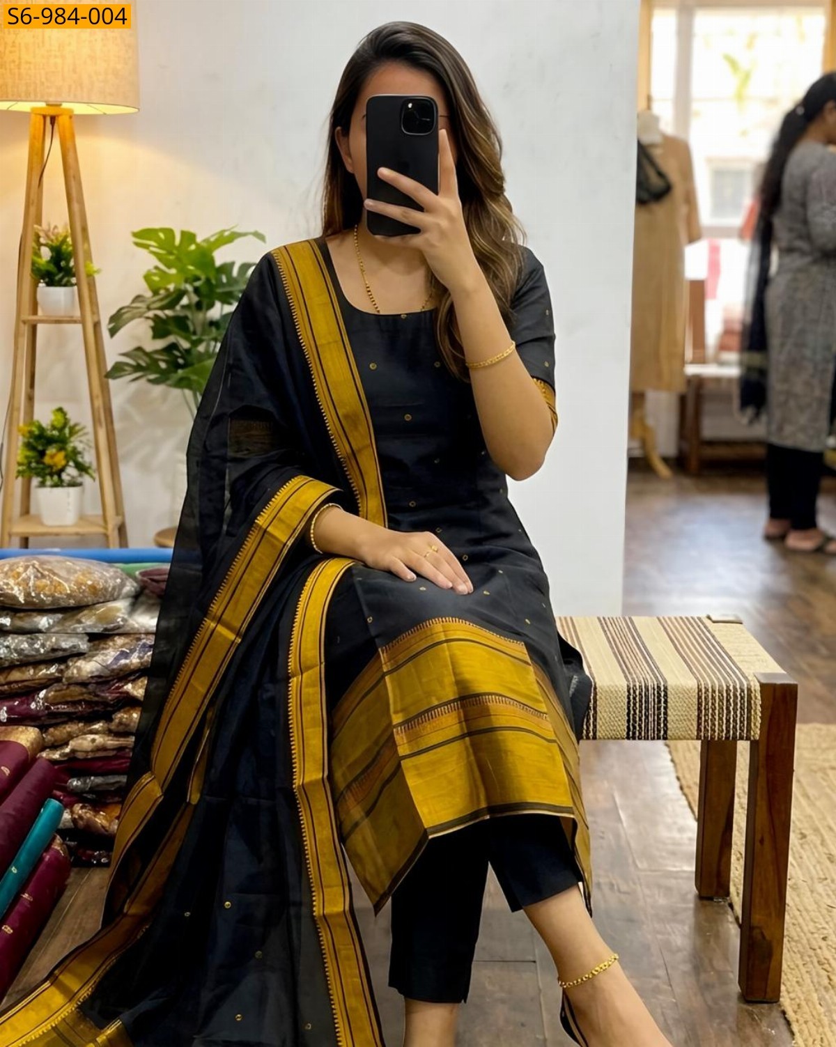 Black Fancy Kanchi Cotton Top And Dupatta