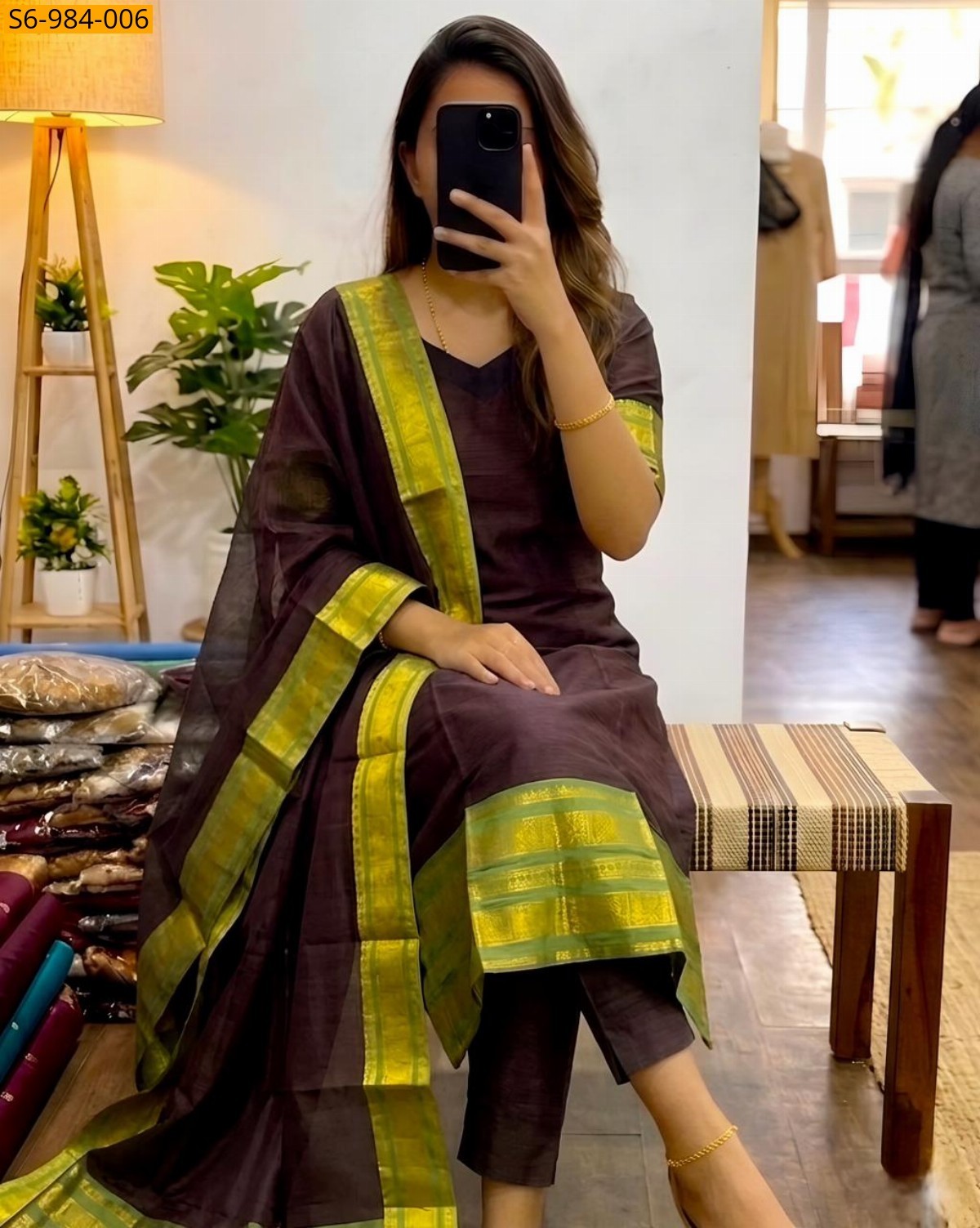 Brown Fancy Kanchi Cotton Top And Dupatta