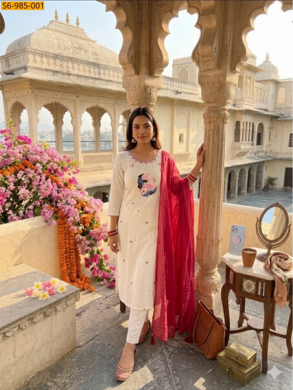White Fancy Khadi Cotton Kurti Pant Dupatta Set White Fancy Khadi Cotton Kurti Pant Dupatta Set