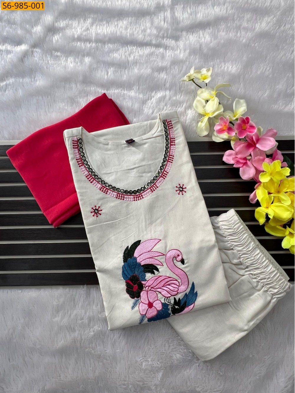 White Fancy Khadi Cotton Kurti Pant Dupatta Set White Fancy Khadi Cotton Kurti Pant Dupatta Set