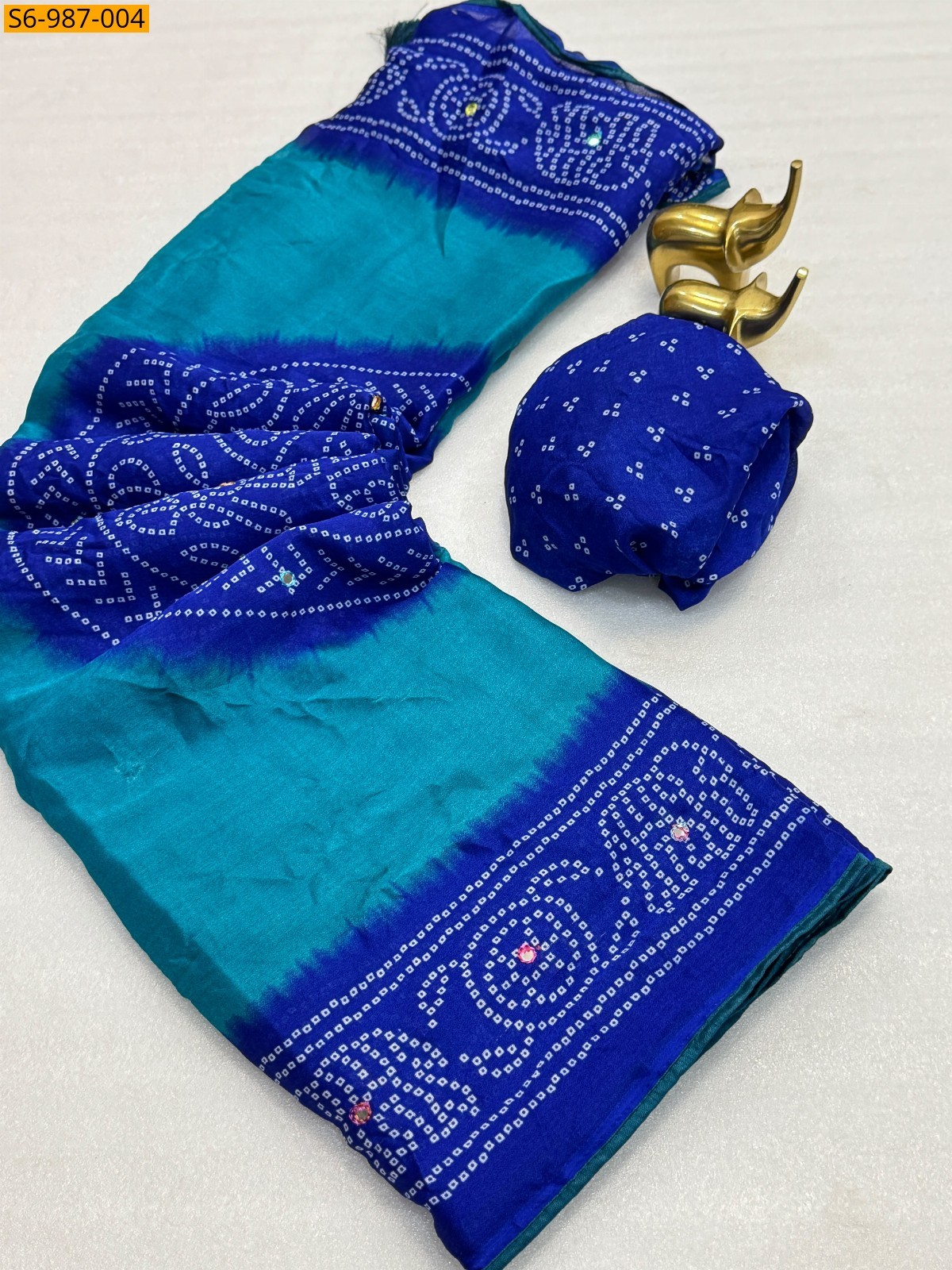 Blue Fancy Moss Bhandhani Printed Saree