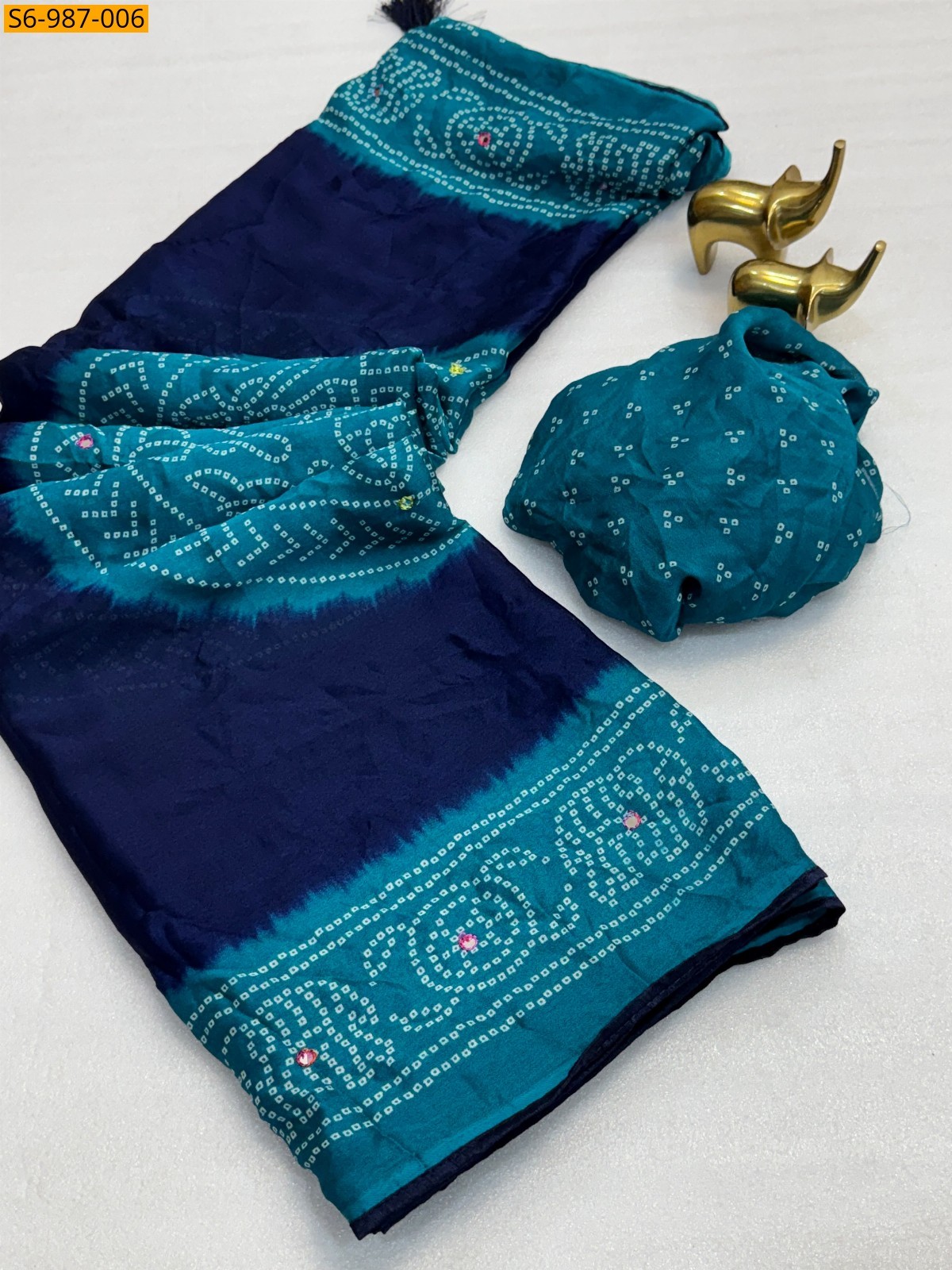 Navy Blue Fancy Moss Bhandhani Printed Saree