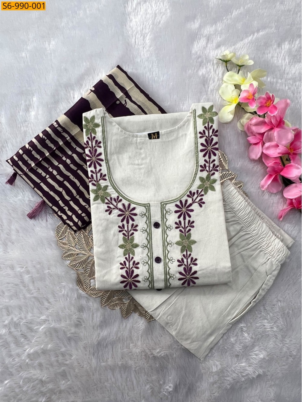 White Fancy Khadi Cotton Kurti Pant Dupatta Set White Fancy Khadi Cotton Kurti Pant Dupatta Set