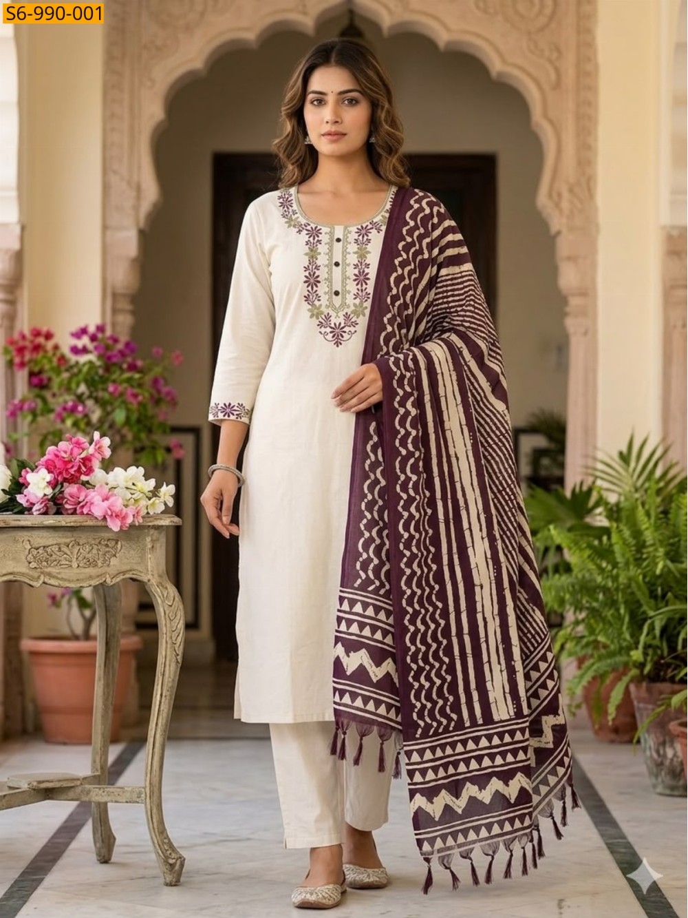 White Fancy Khadi Cotton Kurti Pant Dupatta Set White Fancy Khadi Cotton Kurti Pant Dupatta Set