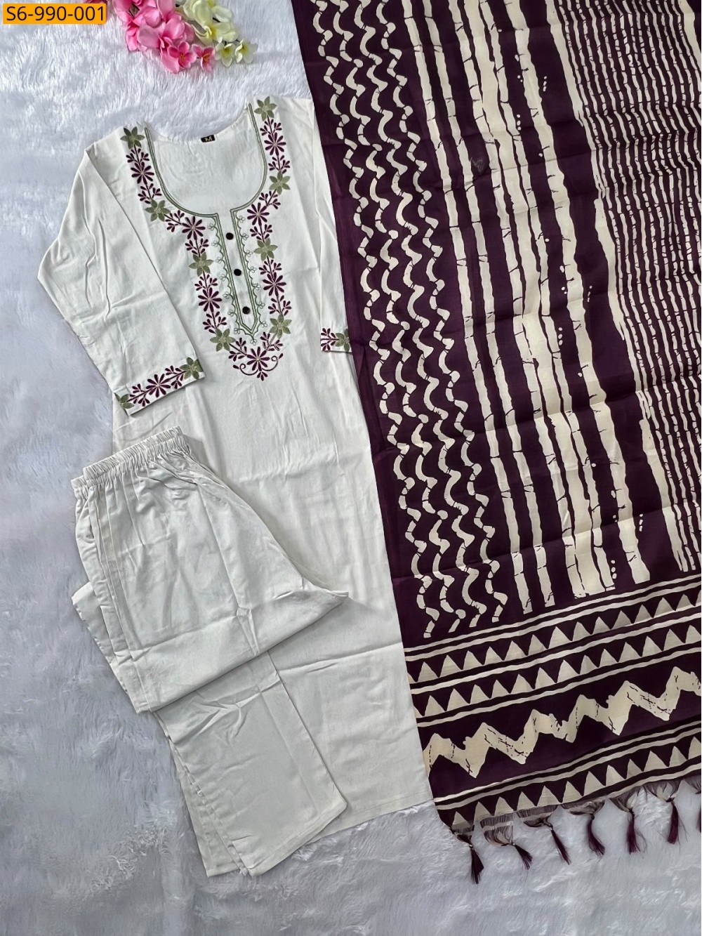 White Fancy Khadi Cotton Kurti Pant Dupatta Set White Fancy Khadi Cotton Kurti Pant Dupatta Set