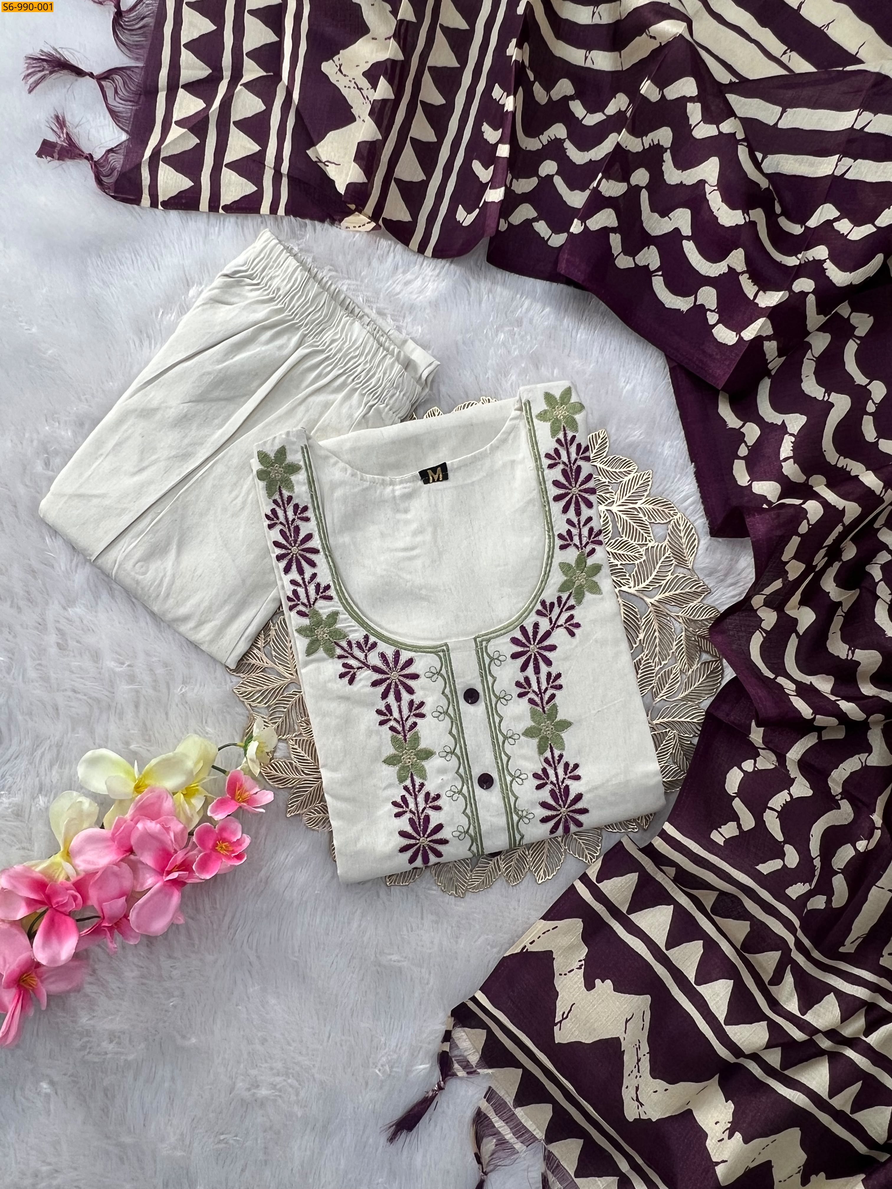 White Fancy Khadi Cotton Kurti Pant Dupatta Set