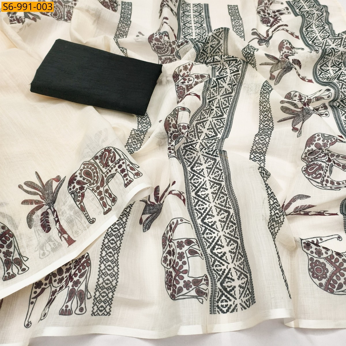 Half White Fancy Soft Linen Cotton Saree