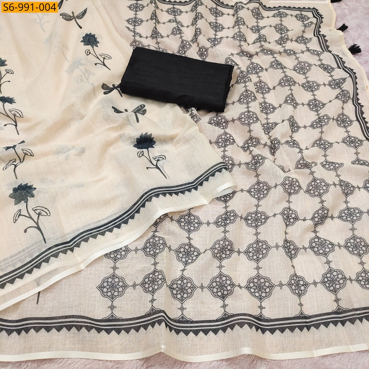 Half White Fancy Soft Linen Cotton Saree