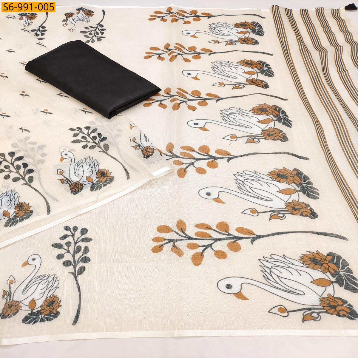 Half White Fancy Soft Linen Cotton Saree