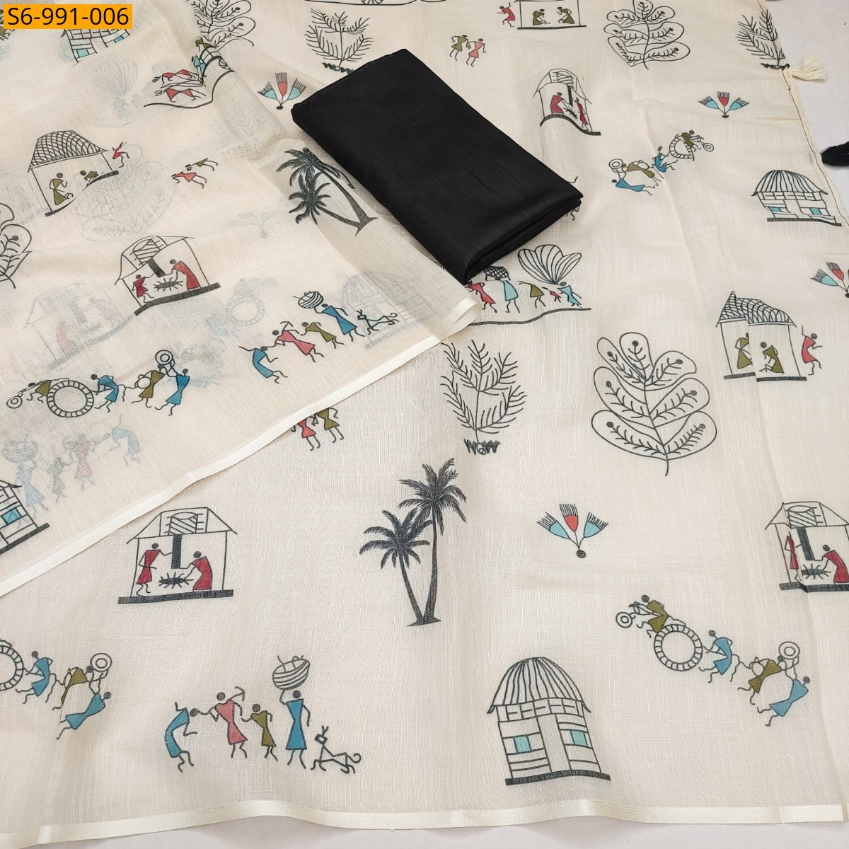 Half White Fancy Soft Linen Cotton Saree