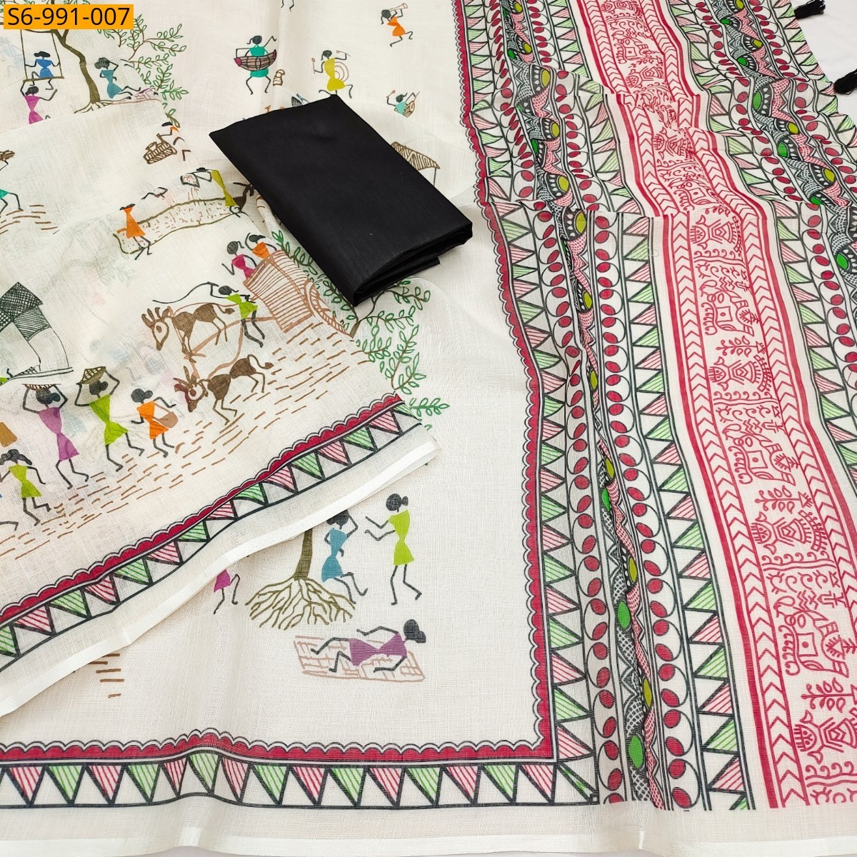 Half White Fancy Soft Linen Cotton Saree