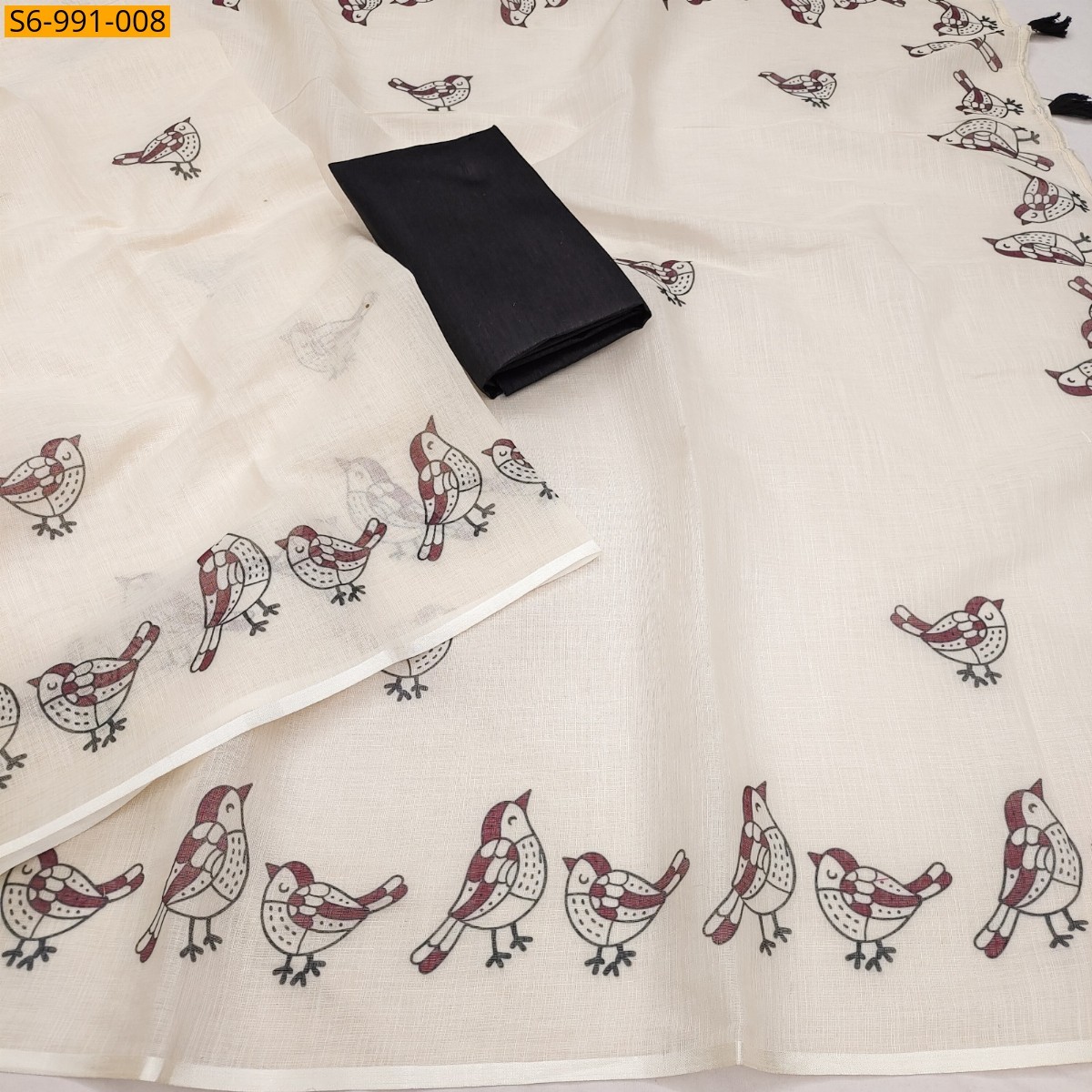 Half White Fancy Soft Linen Cotton Saree