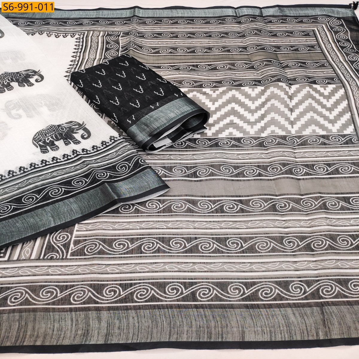 White Fancy Soft Linen Cotton Saree