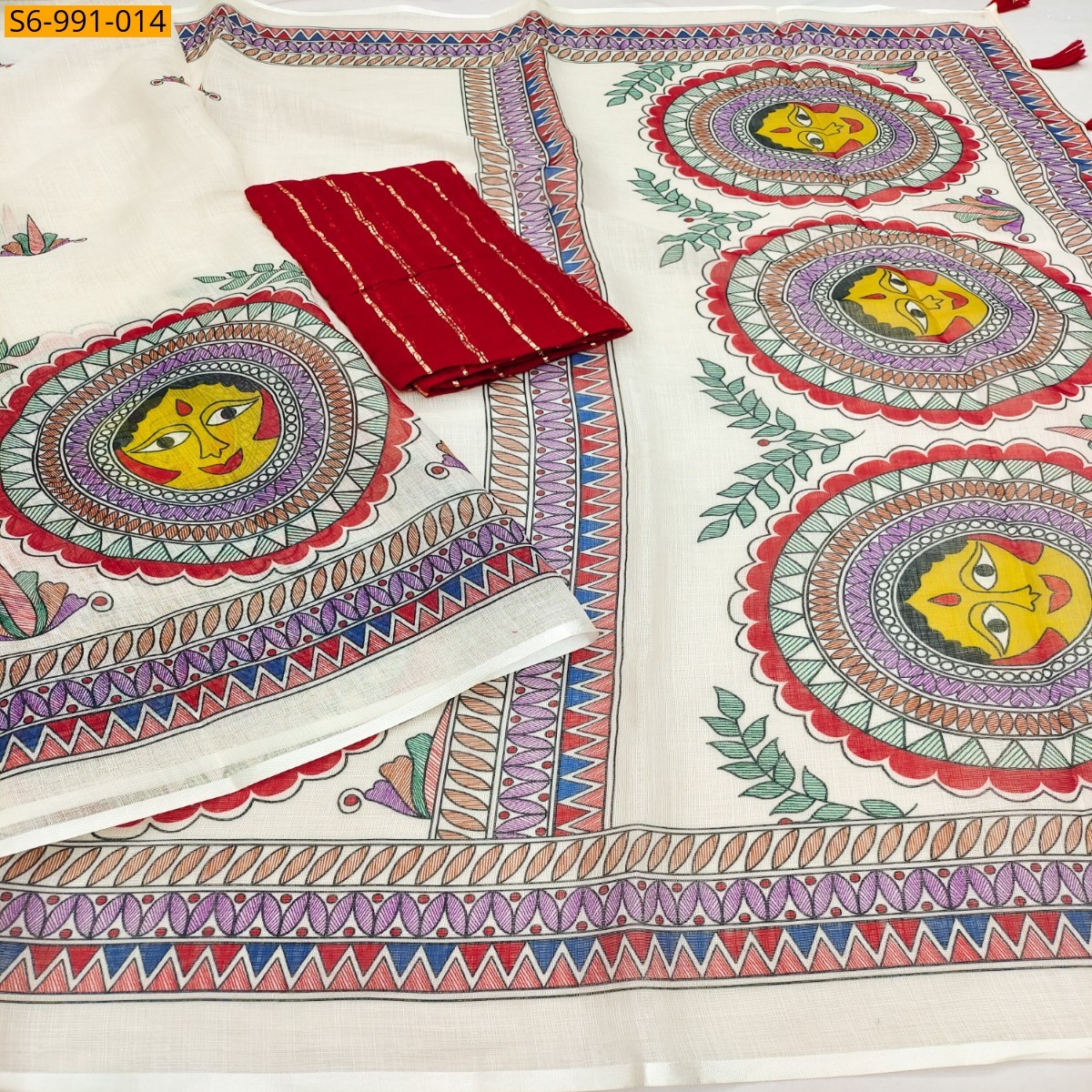 Half White Fancy Soft Linen Cotton Saree