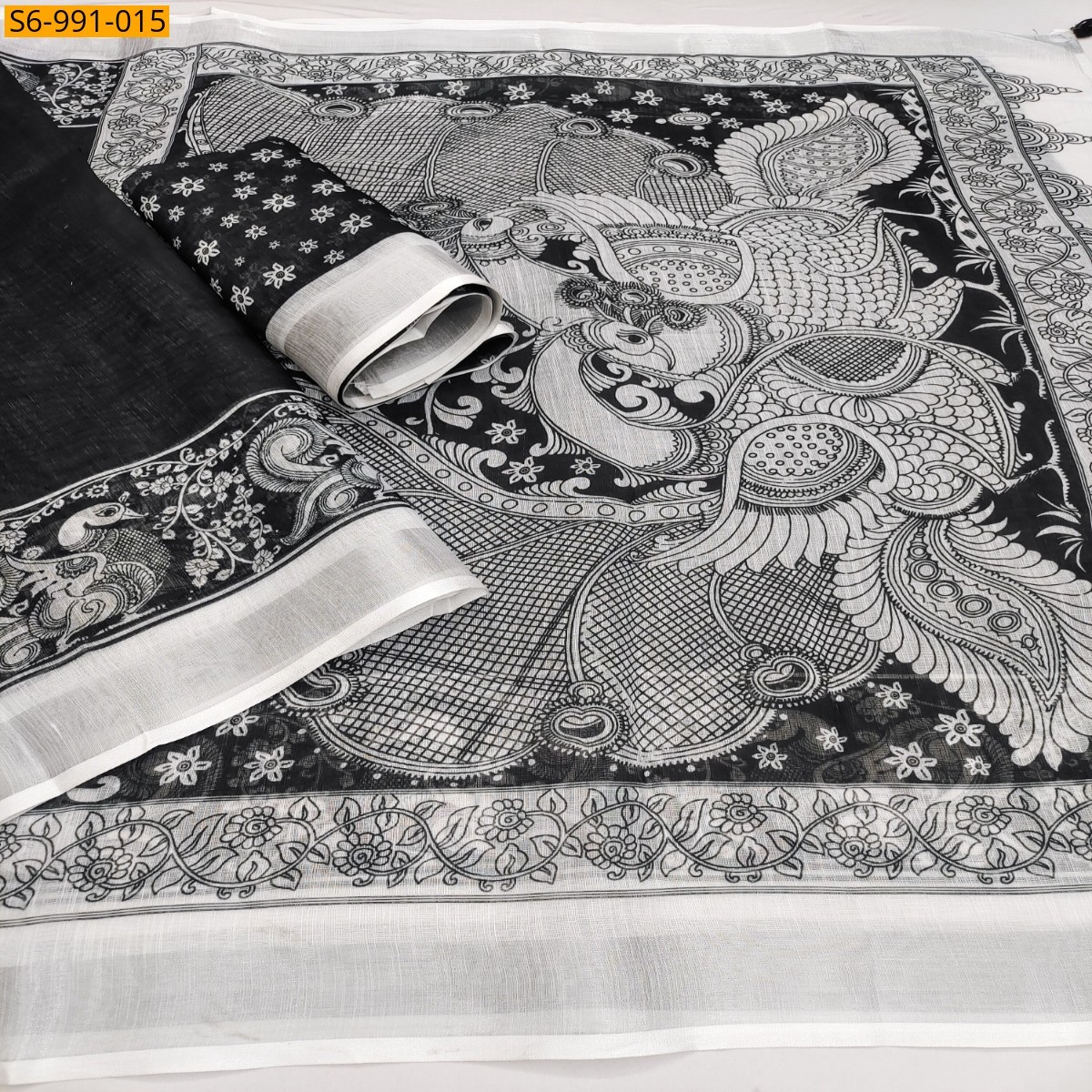 Black Fancy Soft Linen Cotton Saree