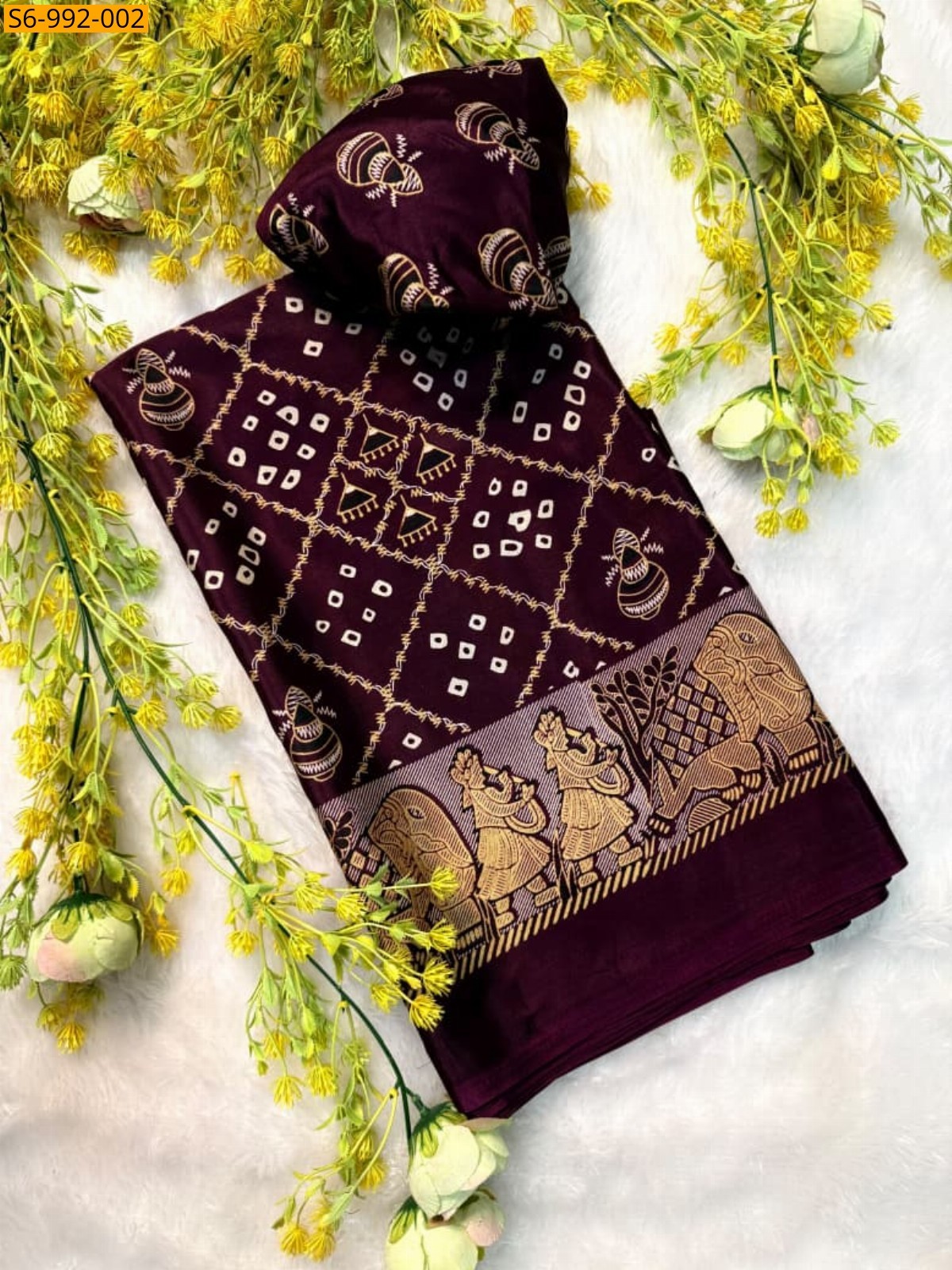 Dark Wine Fancy Gajji Crepe Silk Saree