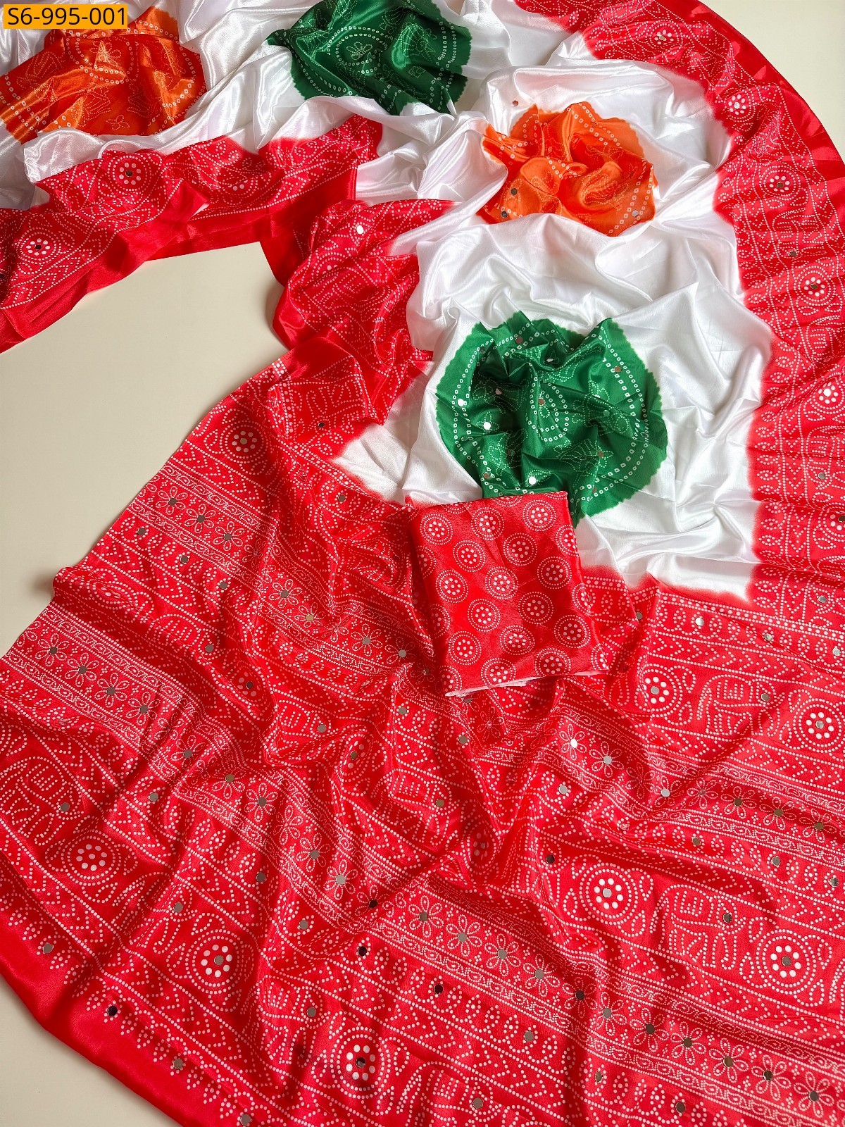 White Fancy Chinnon Mirror Work Saree