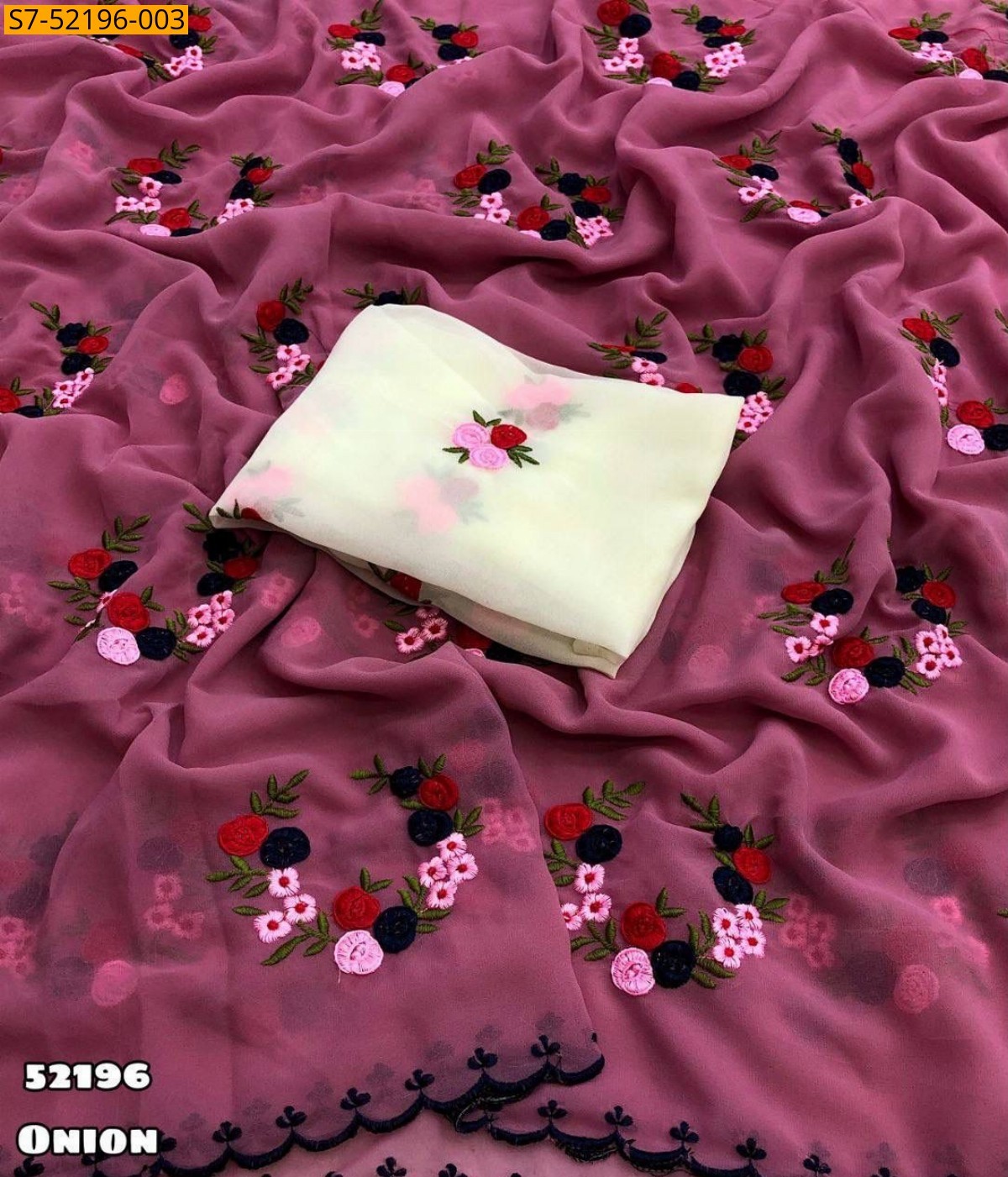 Onion Fancy georgette embroidery work saree