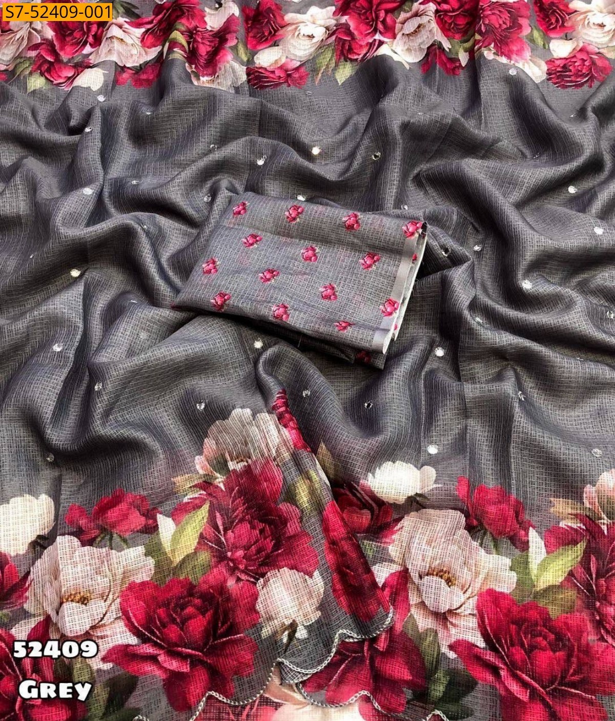 Gray Fancy Soft Kota checked printed saree