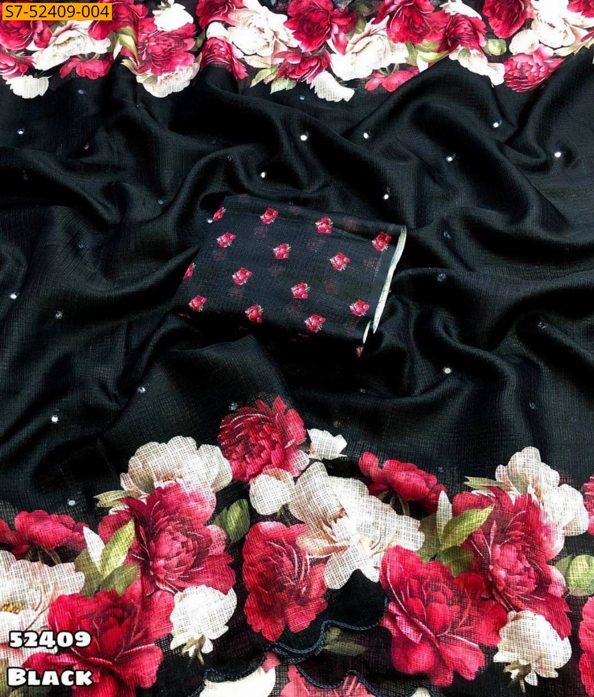 Black Fancy Soft Kota checked printed saree