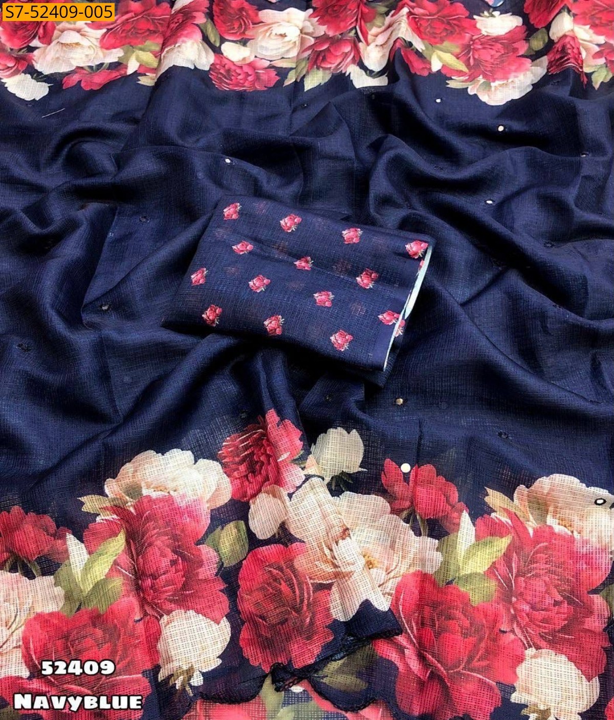 Navy Blue Fancy Soft Kota checked printed saree