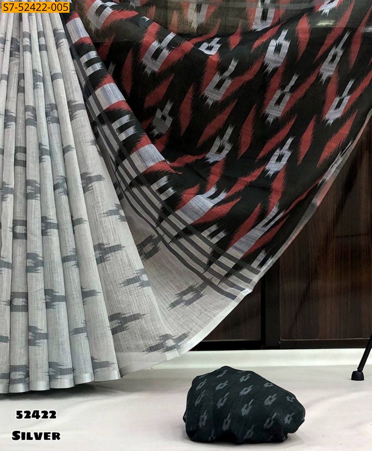 Silver Fancy linen ikkat print saree