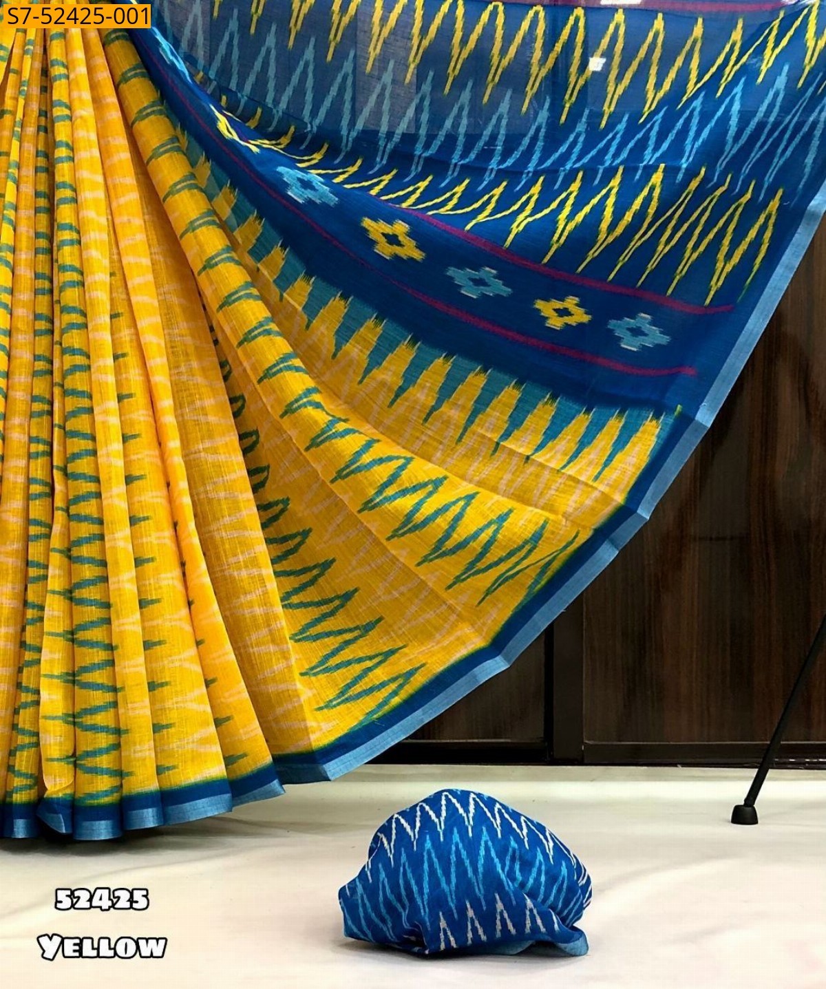 Yellow Fancy Linen ikkat printed sarees
