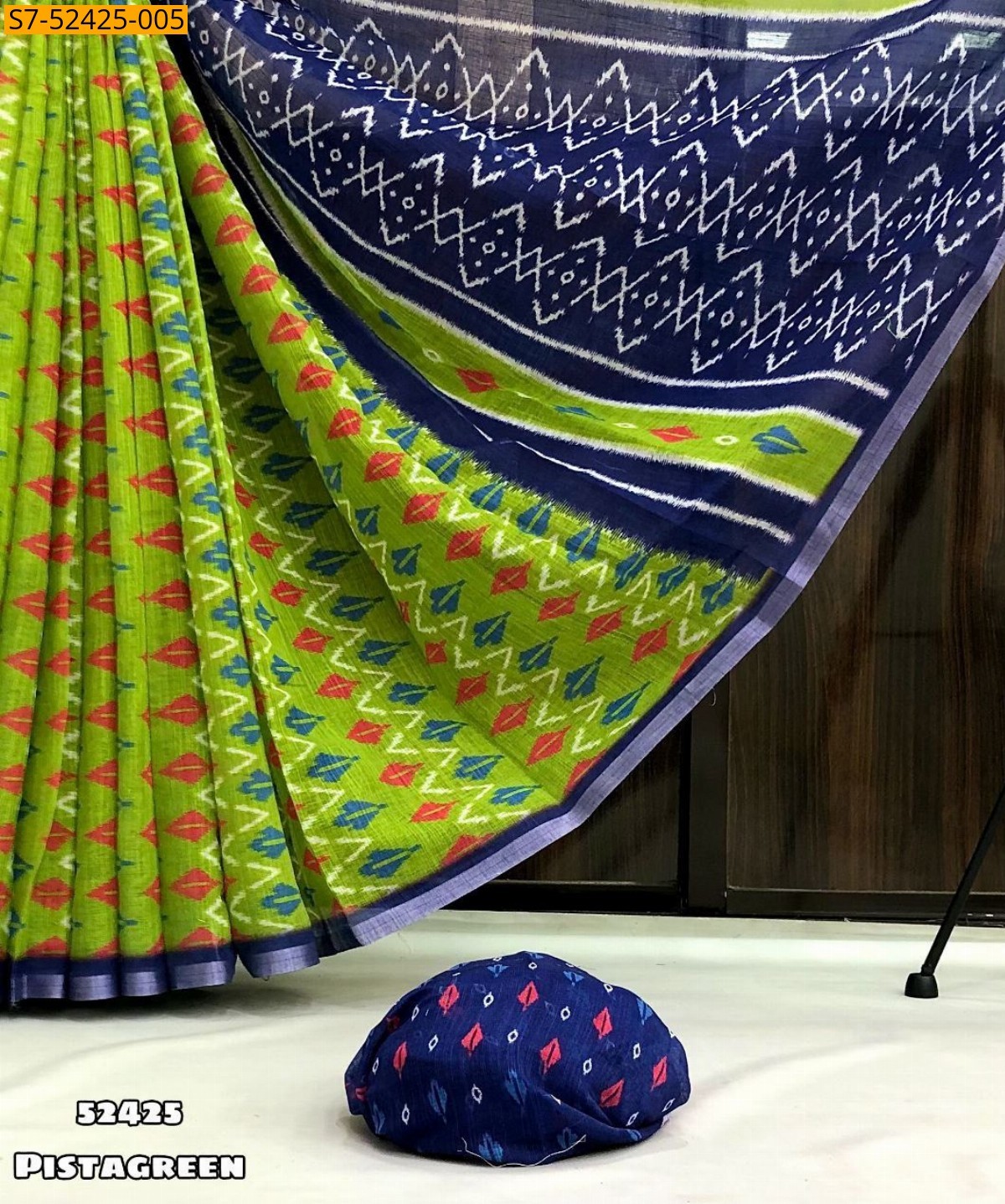 Pista Green Fancy Linen ikkat printed sarees