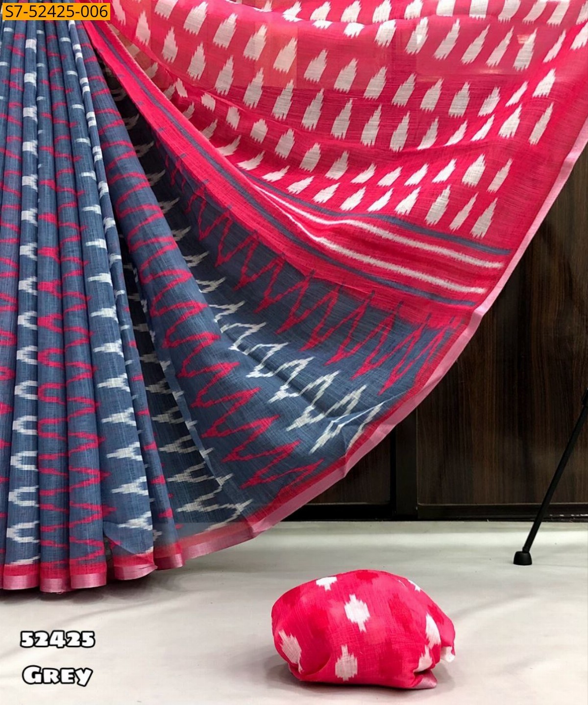 Gray Fancy Linen ikkat printed sarees