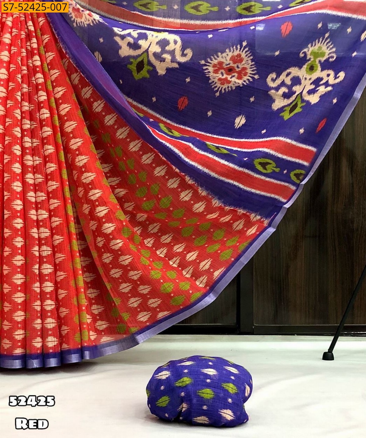Red Fancy Linen ikkat printed sarees