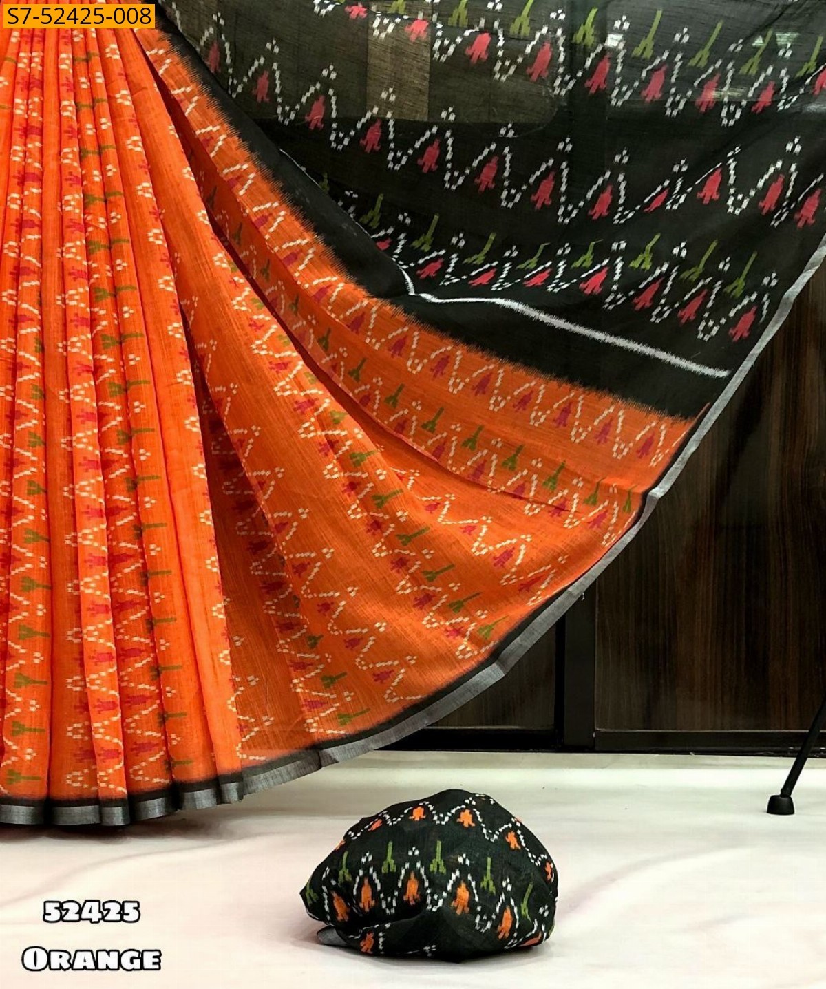 Orange Fancy Linen ikkat printed sarees