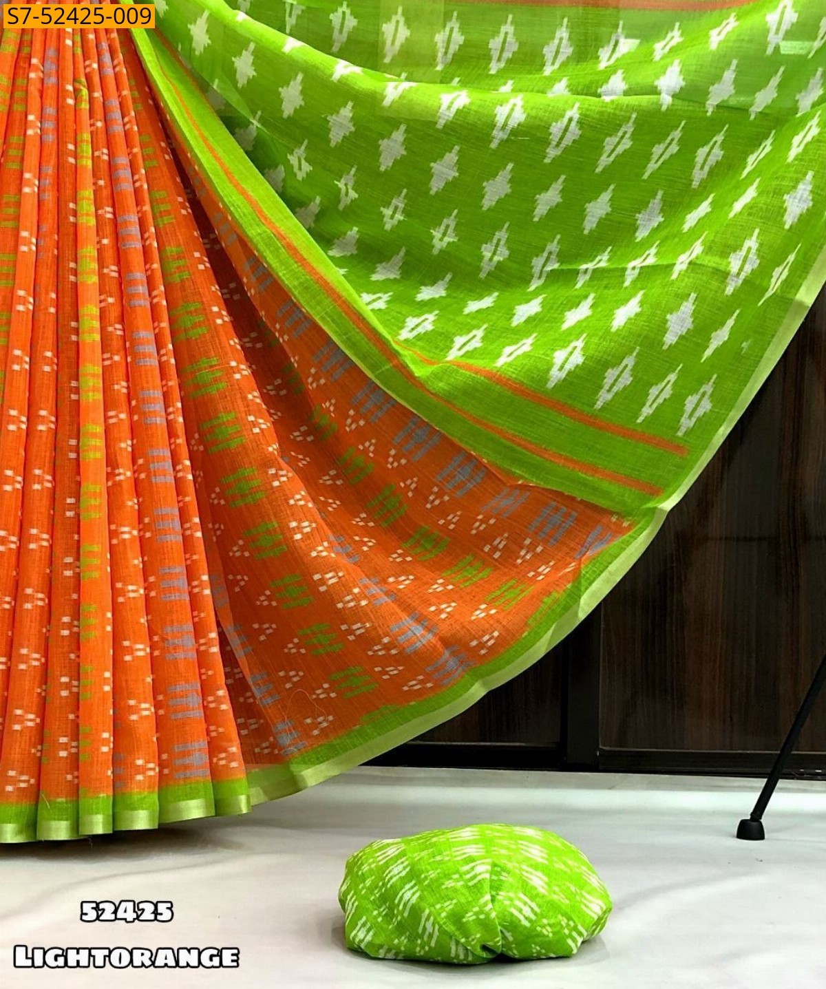 Light Orange Fancy Linen ikkat printed sarees