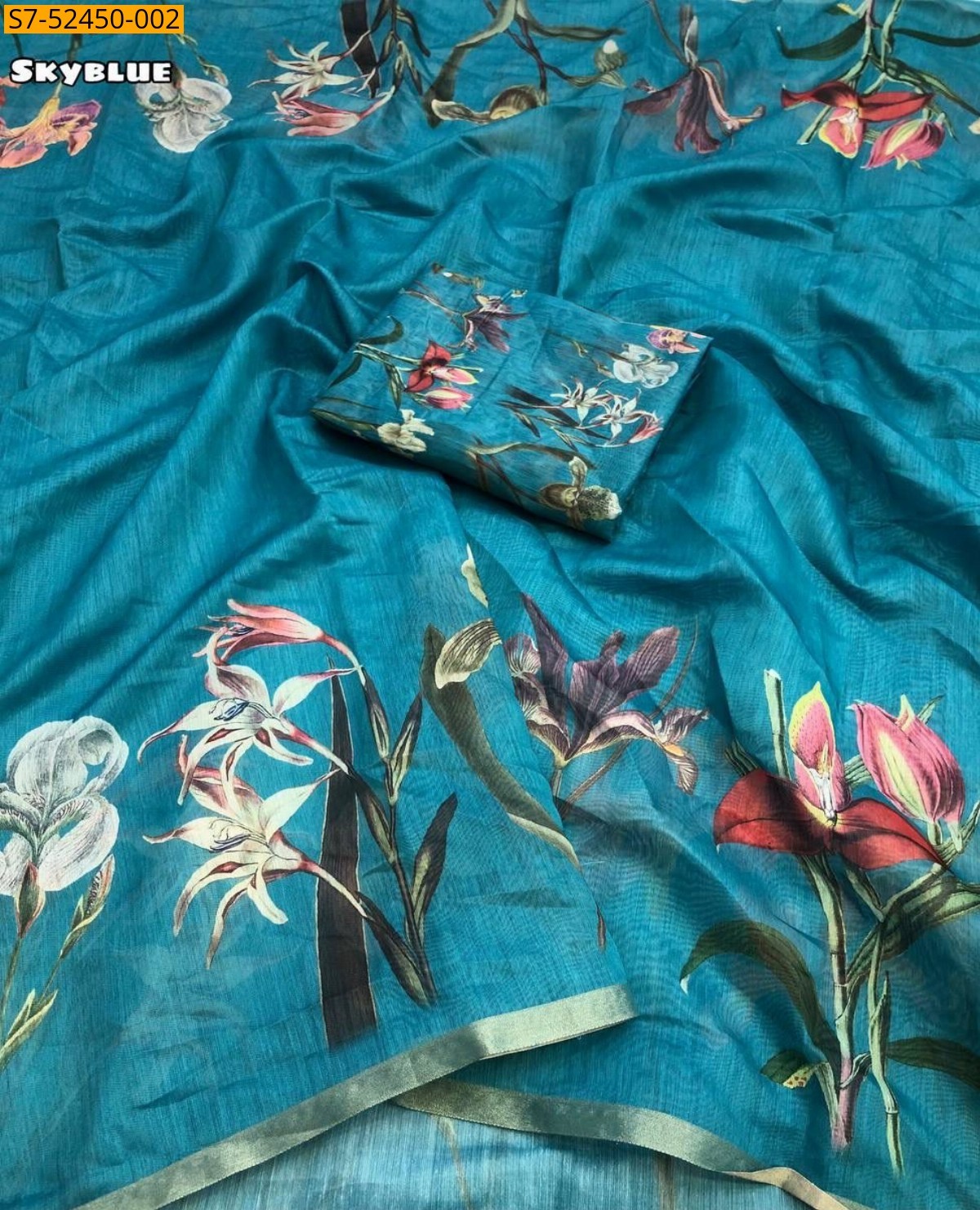 Sky blue Fancy Soft chanderi printed saree