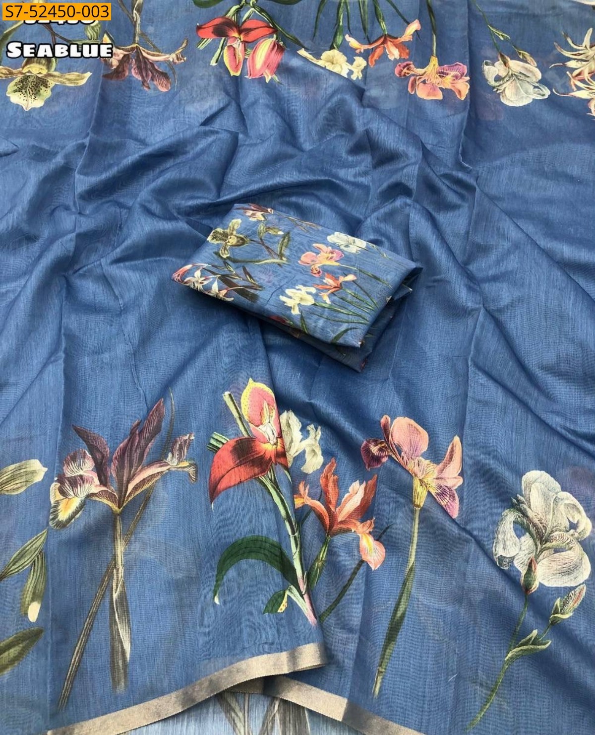 Sea blue Fancy Soft chanderi printed saree