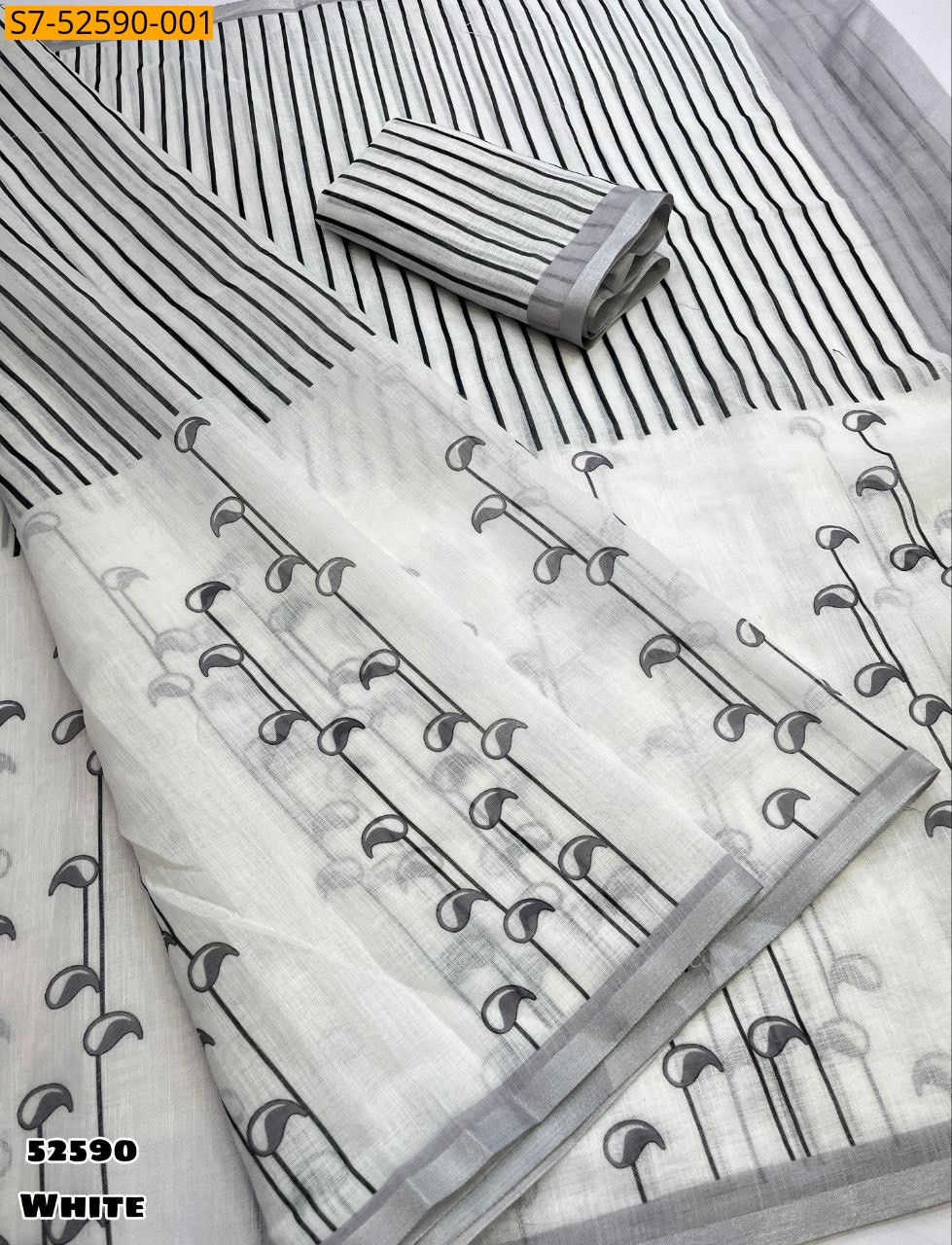 White Fancy Soft lenin Saree