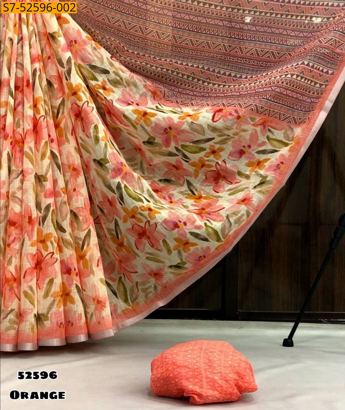 Orange Fancy Soft lenin printed sarees