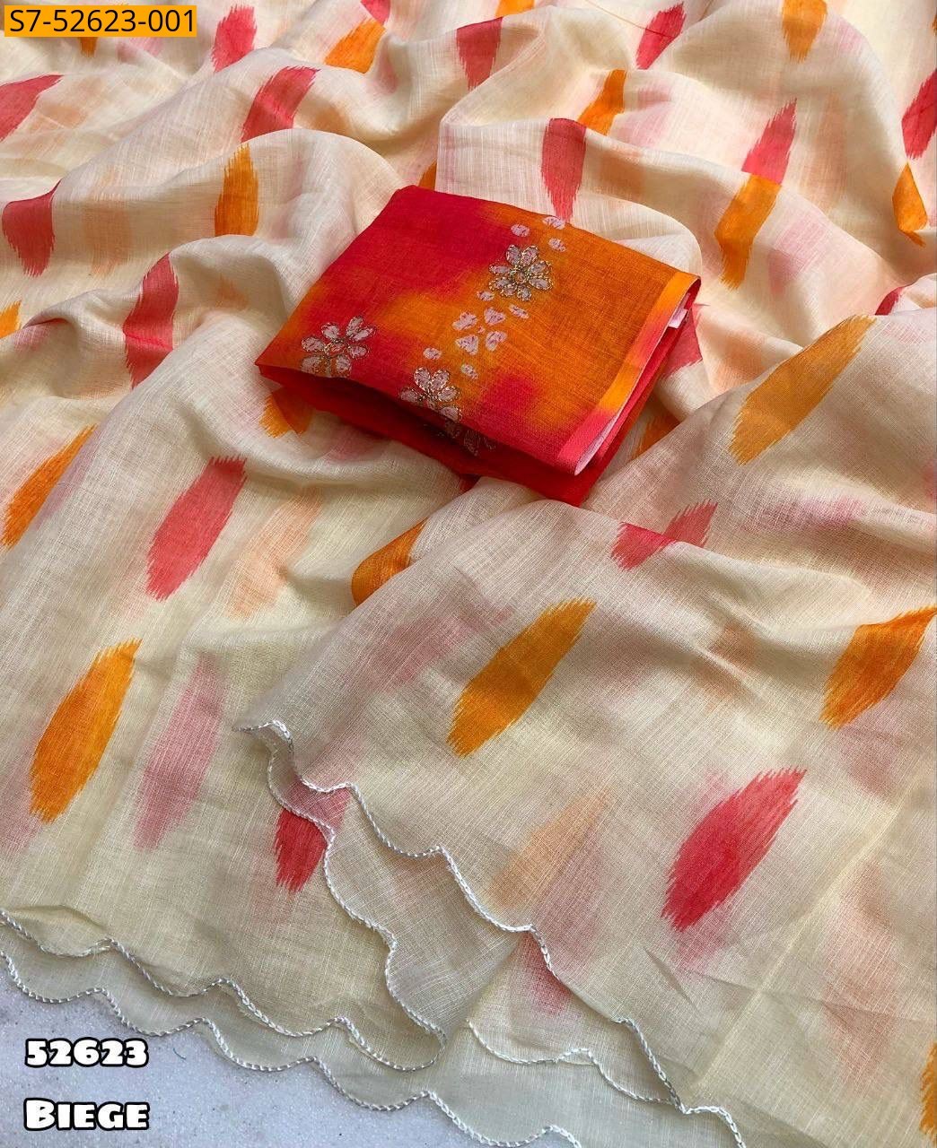 Fancy linen brush printed sarees - Biege
